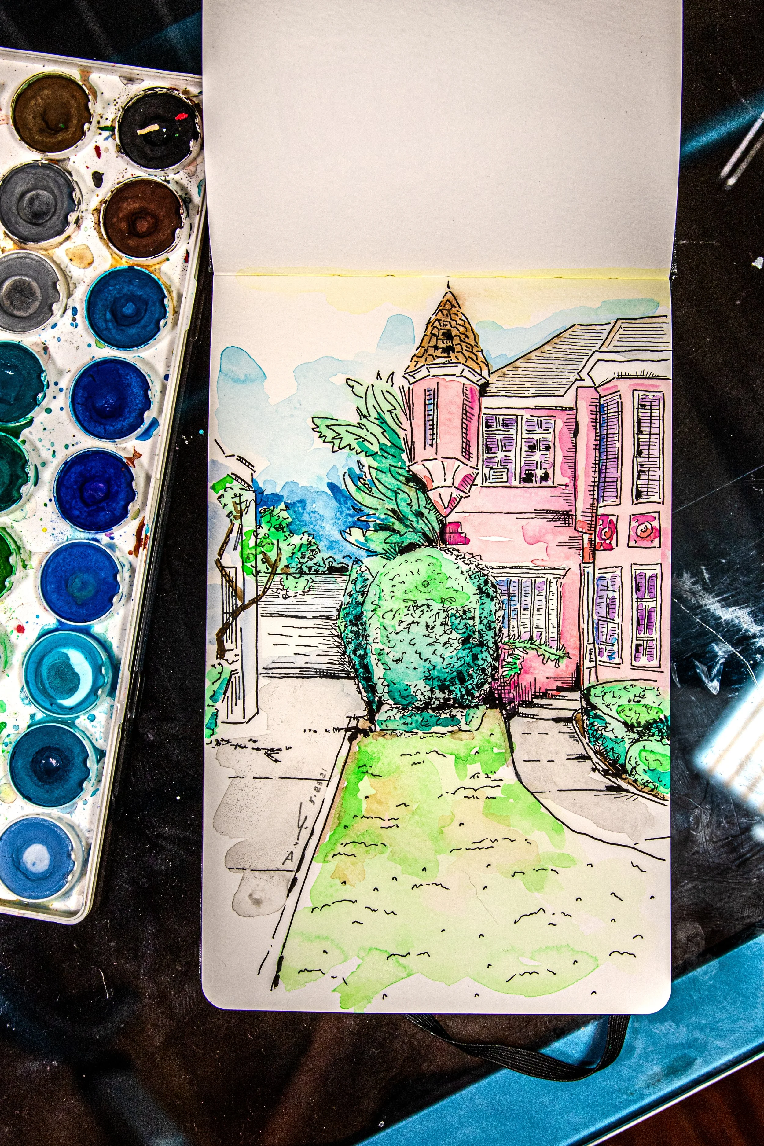 The Pink House - 5x8 Watercolor and Ink