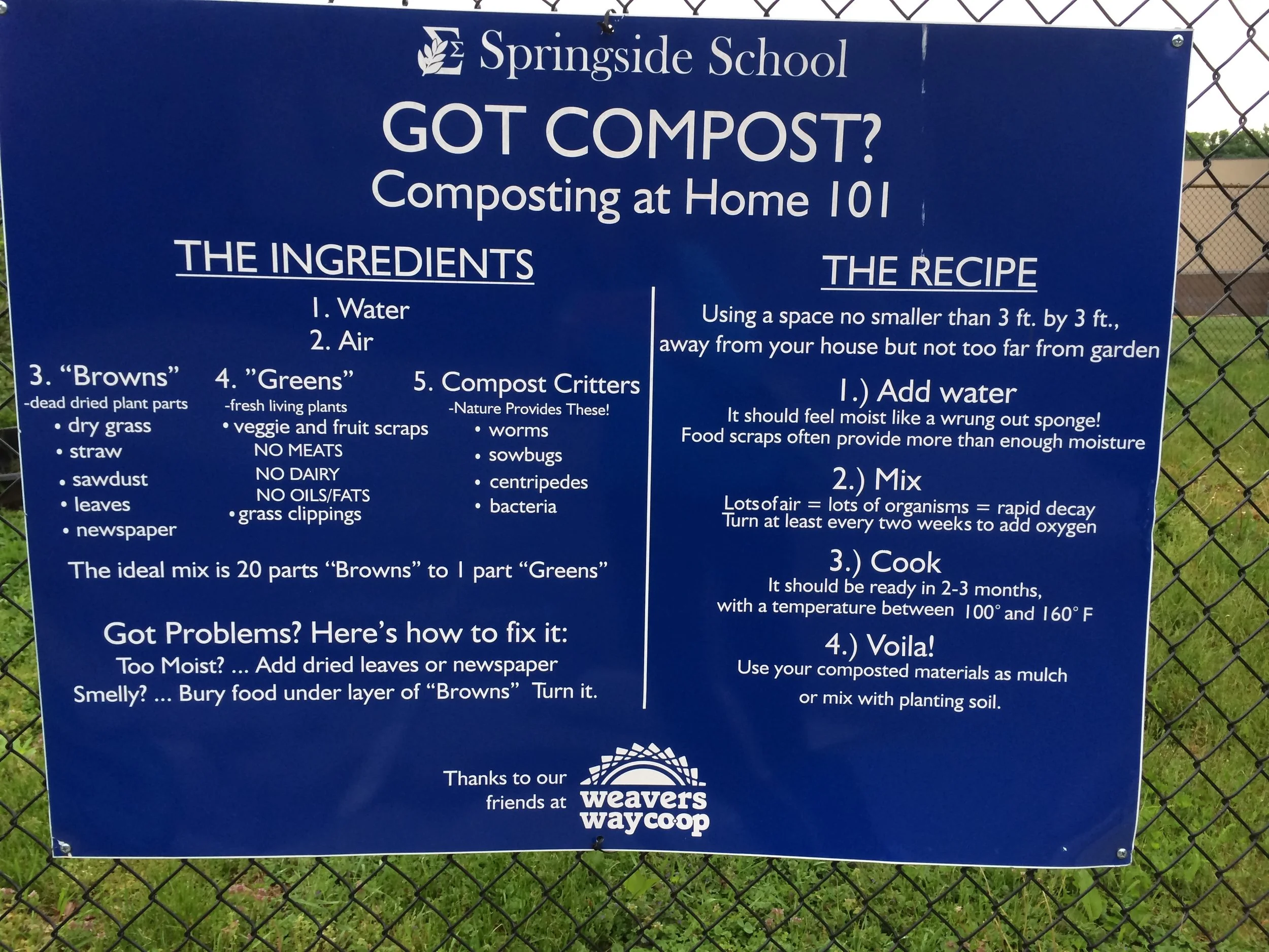 Signage outside the school's garden explains the nuts and bolts of composting to the school community and visitors.