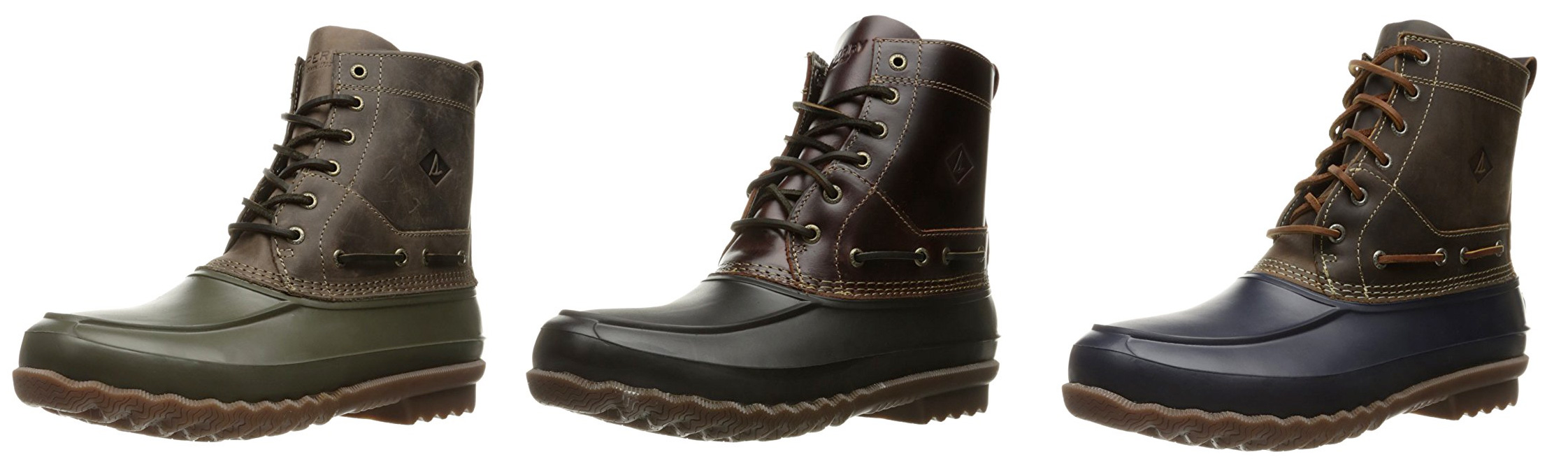 A sample of availabele Sperry duck boot color options.