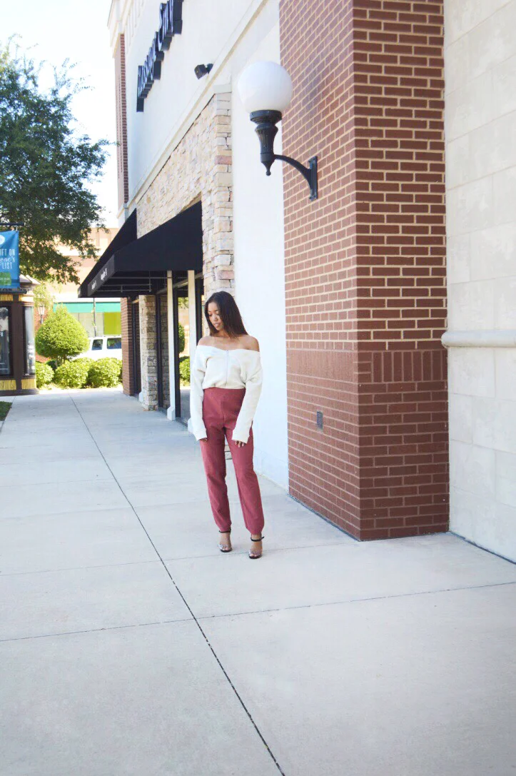 Off-Shoulder Zae Sweatshirt: The Line by K , High Waist Trousers: Charlotte Russe