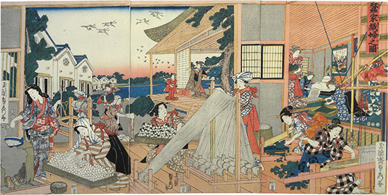 Utagawa Sadahide, 1807-1873 (weaving women at silk-making cottage)