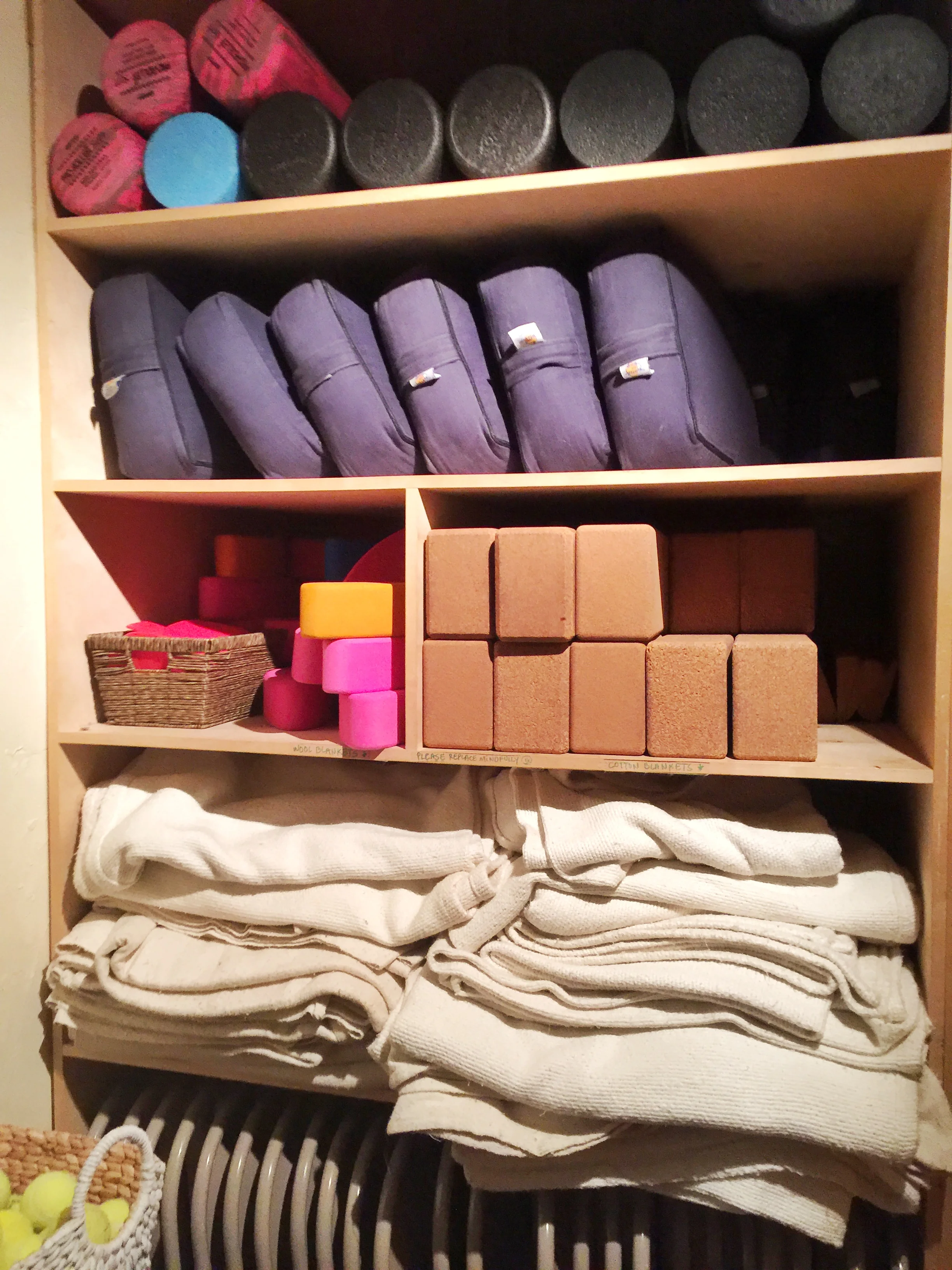 So many blocks, foam rollers, blankets, and bands! Just don't forget to bring your own towel!
