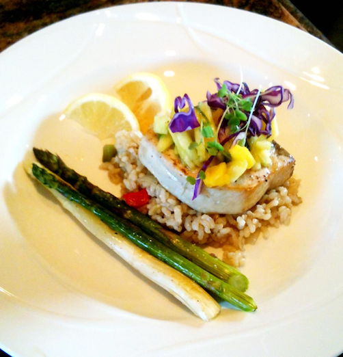 Fresh Fish with Mango Salsa atop Wild Rice and Asparagus