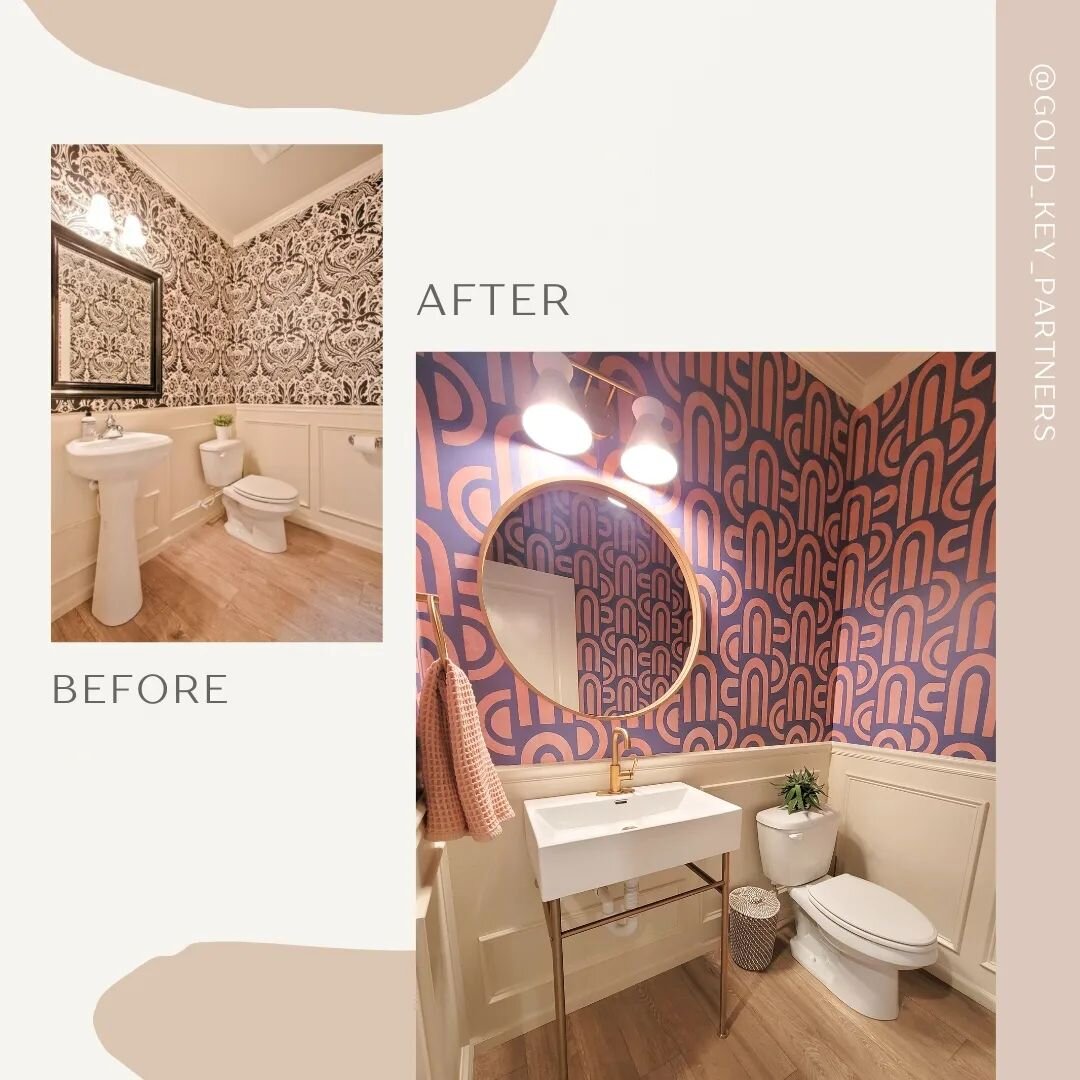 We recently refreshed the powder room in our home by updating wallpaper, replacing the vanity, mirror, lighting, and fixtures. The whole project was under $900 and we did it ourselves. Wallpaper is a great way to add personality and can help increase