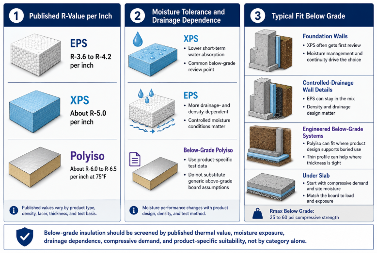 Comparison chart of below-grade insulation types including EPS, XPS, and polyiso.