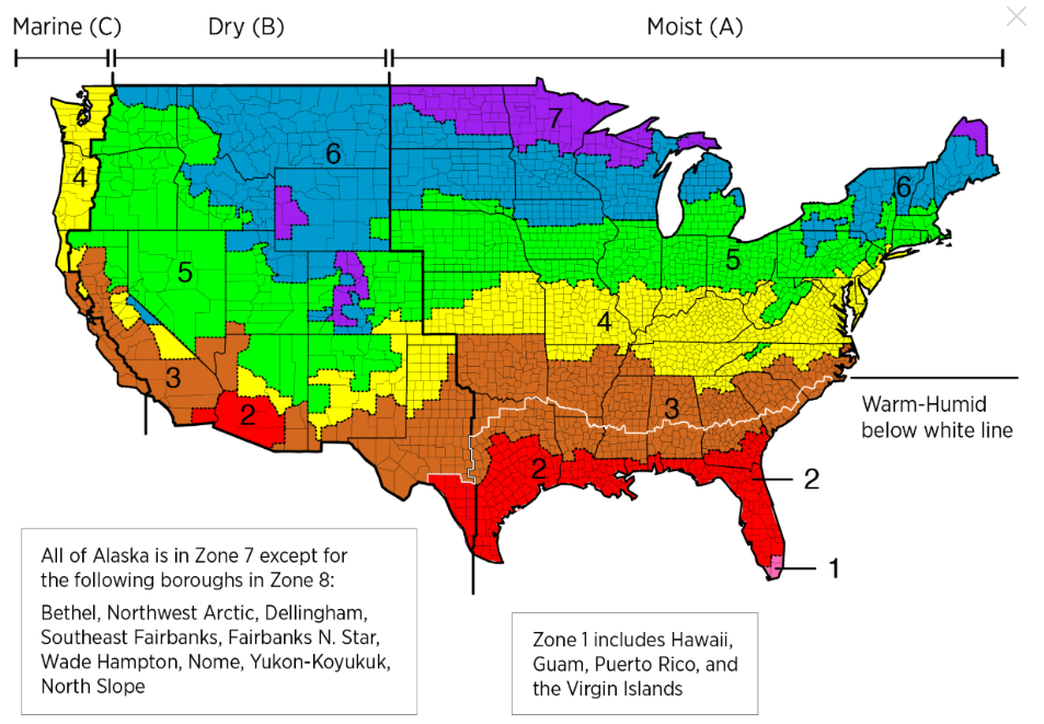 U.S. climate zone map showing marine, dry, and moist regions labeled Zones 1–7.