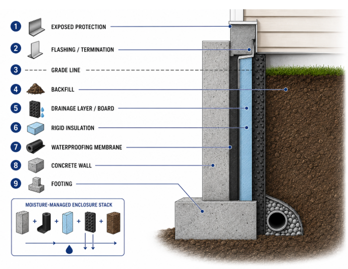 Foundation wall diagram showing waterproofing, drainage, insulation, and footing layers.
