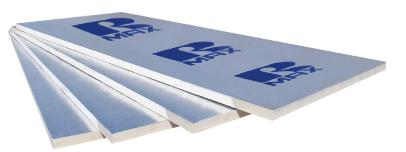 Stack of rigid foam insulation boards used for energy-efficient building construction.