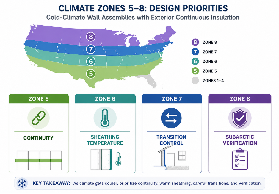U.S. climate zone map showing wall assembly design priorities for cold-climate exterior insulation.
