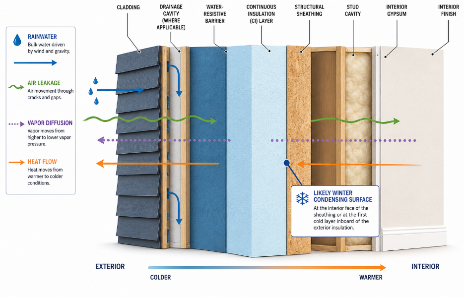 Diagram showing how moisture, heat, and air move through a continuous insulation wall system.
