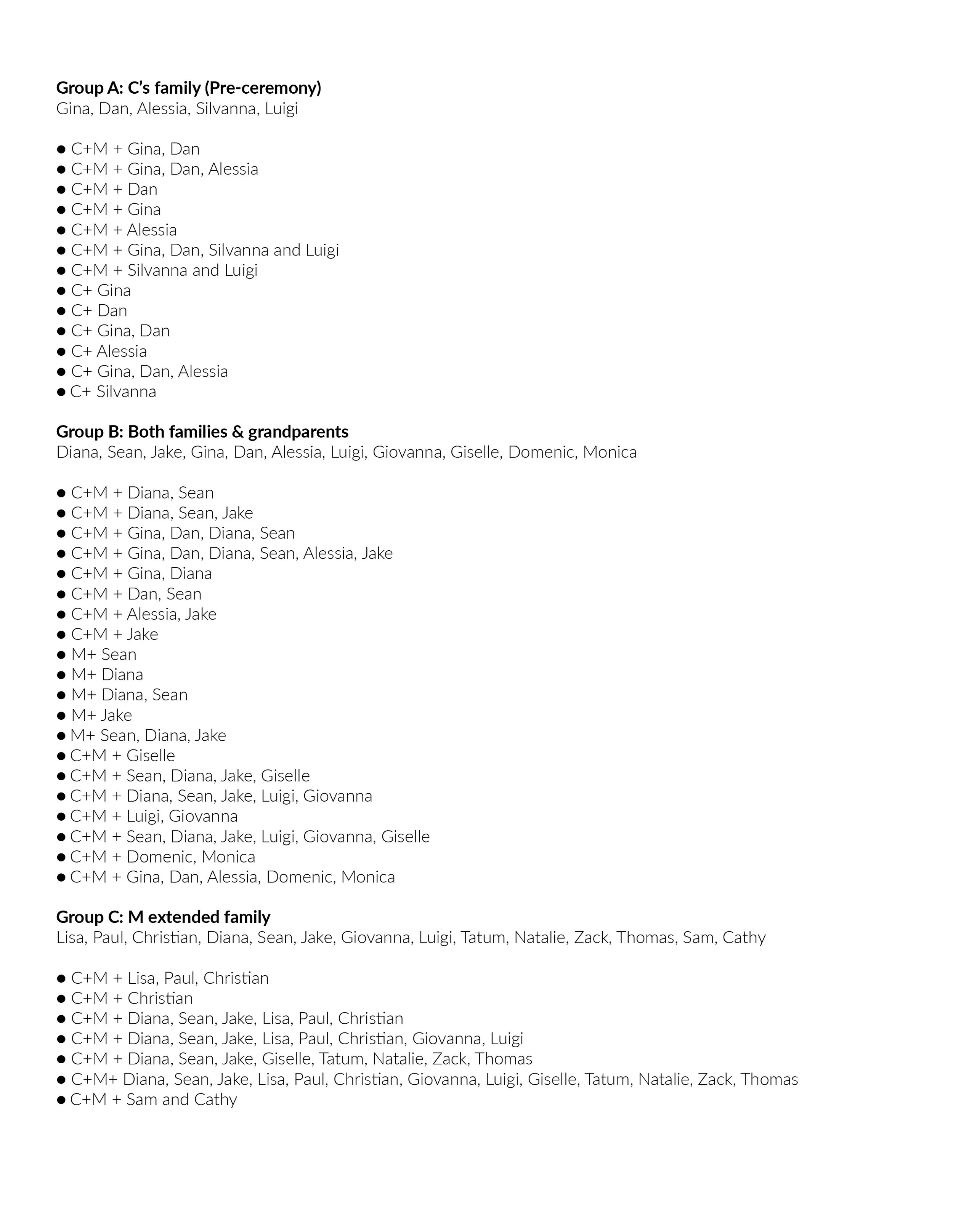 Example wedding group photo shot list showing family and wedding party groupings