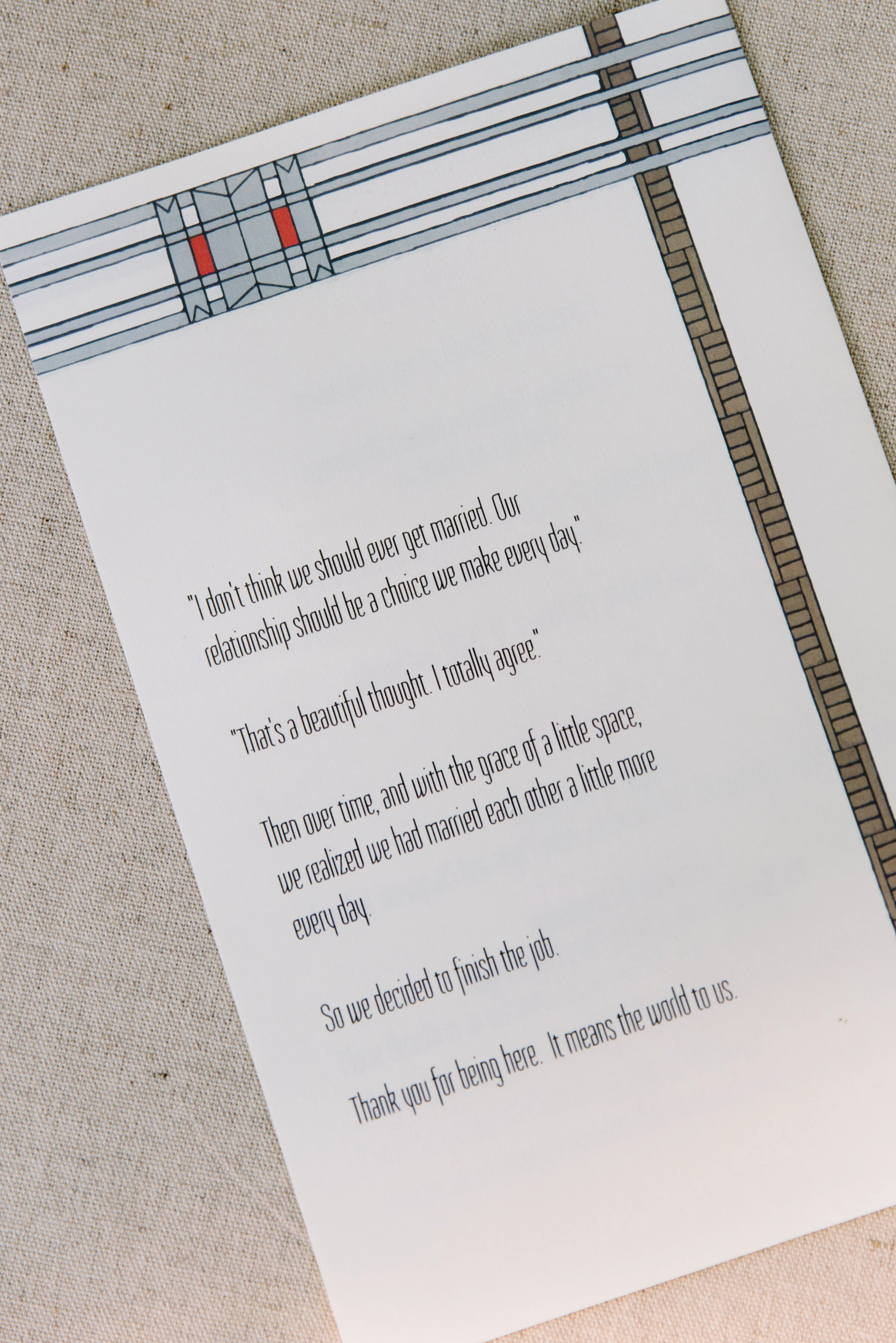 Wedding handout for intimate Massey College Toronto wedding