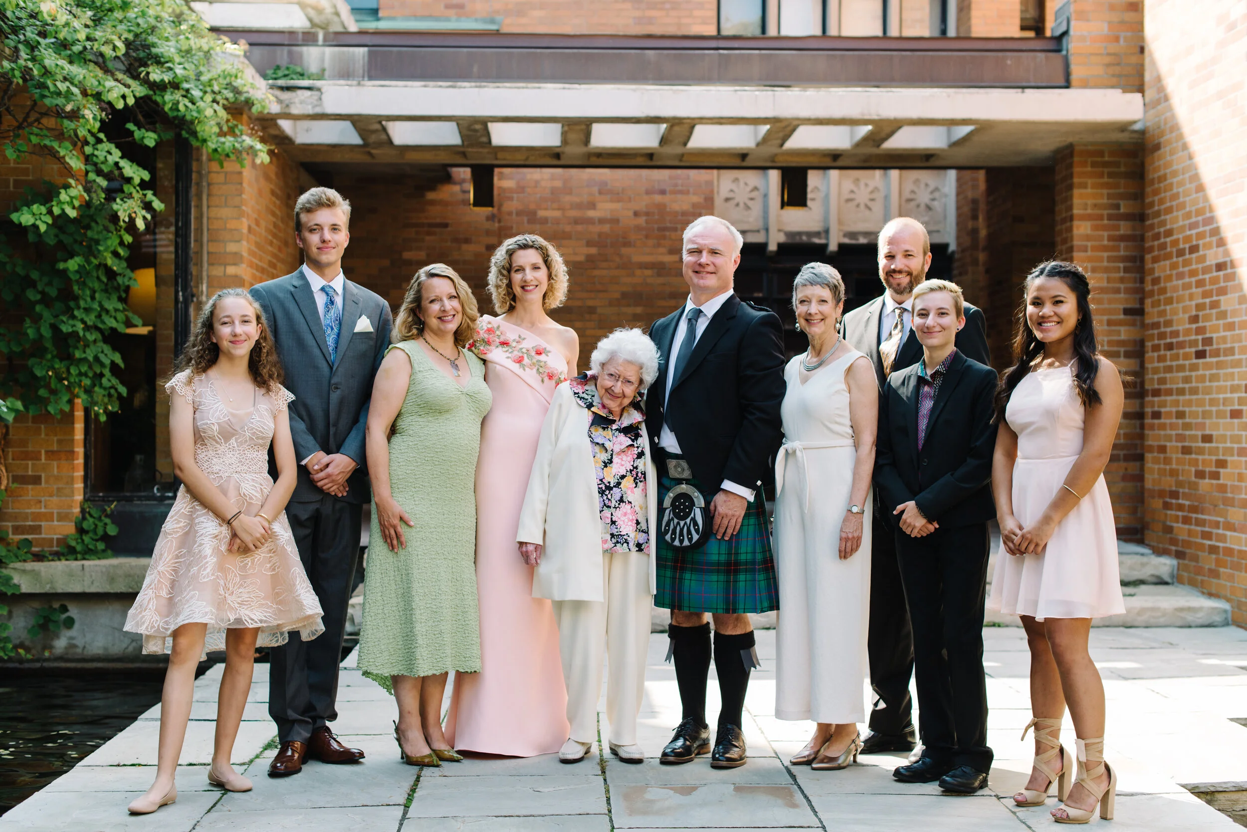Wedding party group photo at Massey College University of Toronto