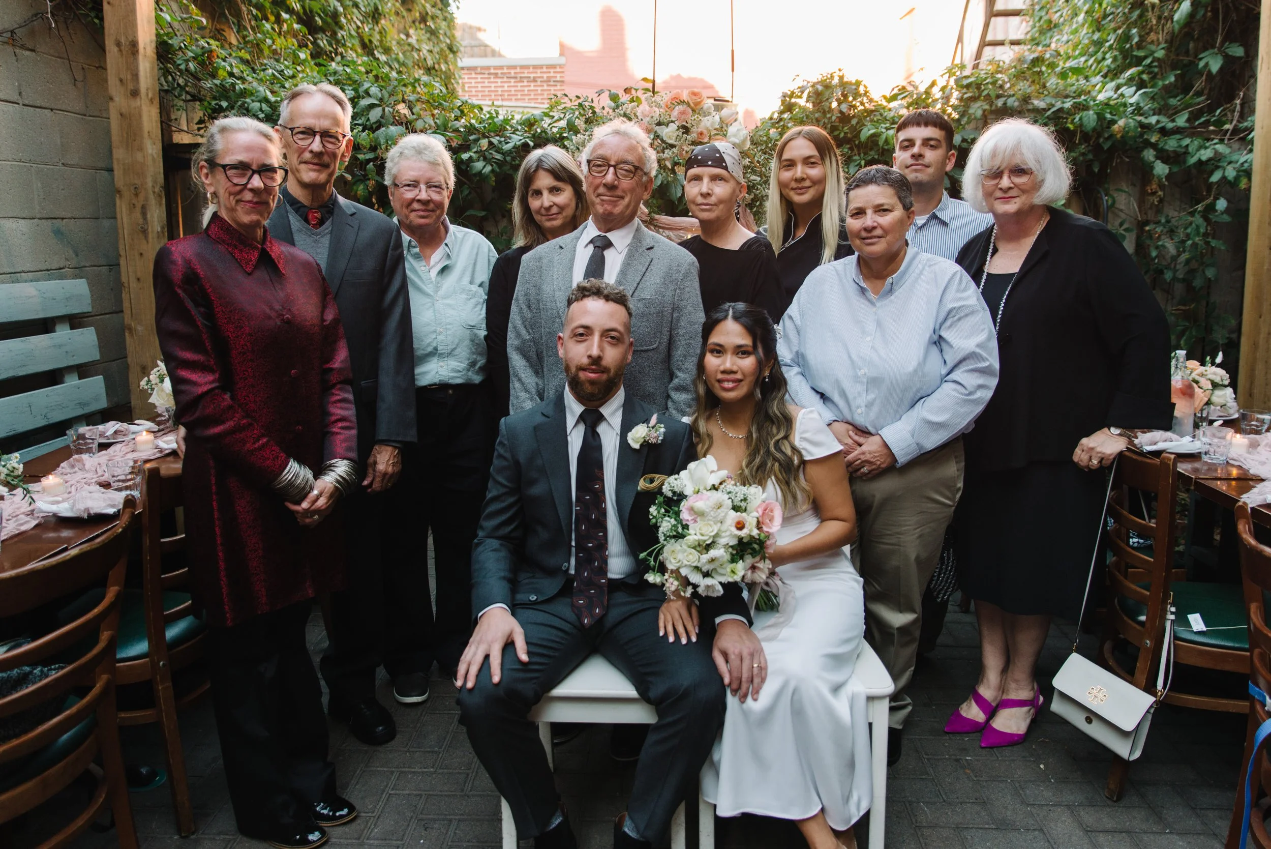 Formal family portrait at the Foxley Bistro reception during a Toronto elopement celebration