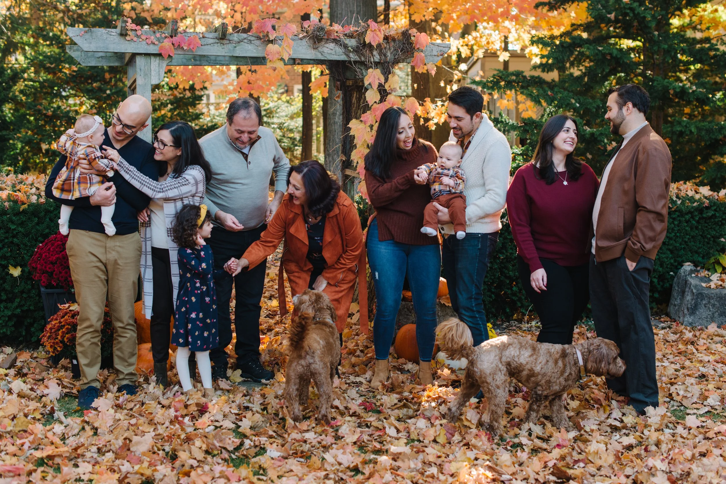 Extended family laughing together during a fall outdoor photo session in Mississauga