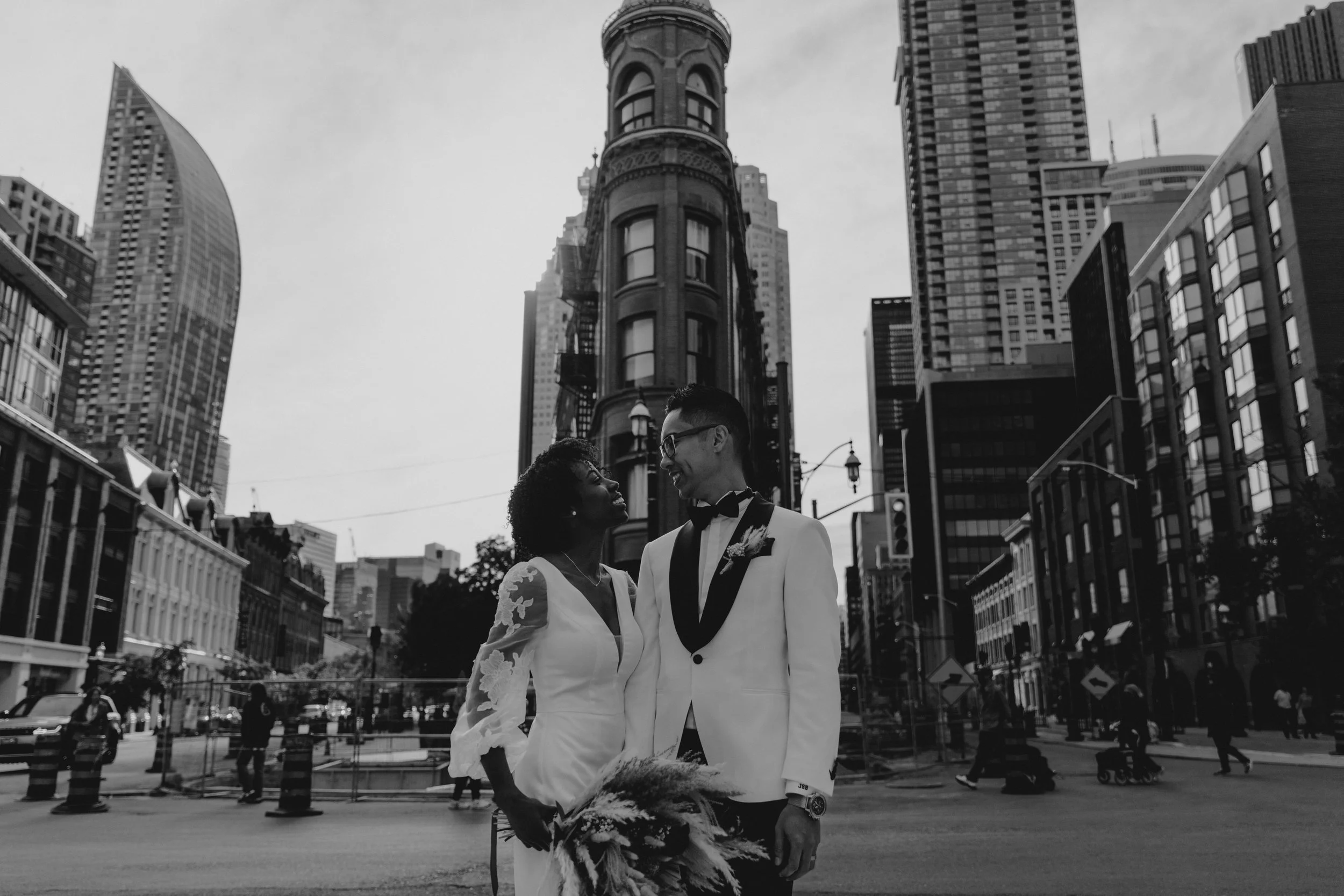 Black and white wedding portrait at St Lawrence Market Toronto