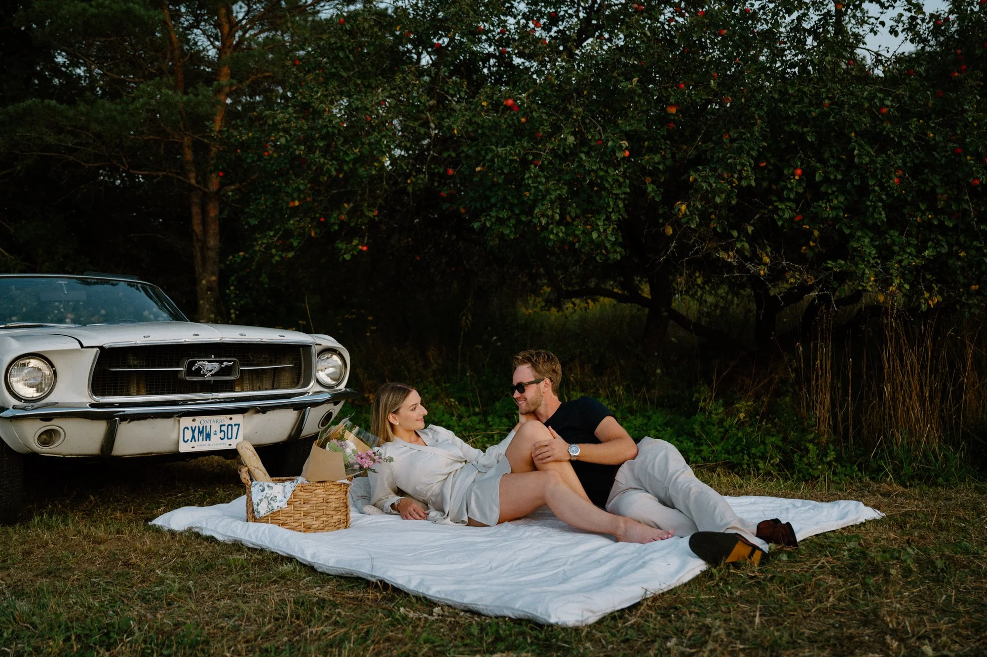Editorial engagement session with a vintage car and picnic in an open field near Peterborough, Ontario