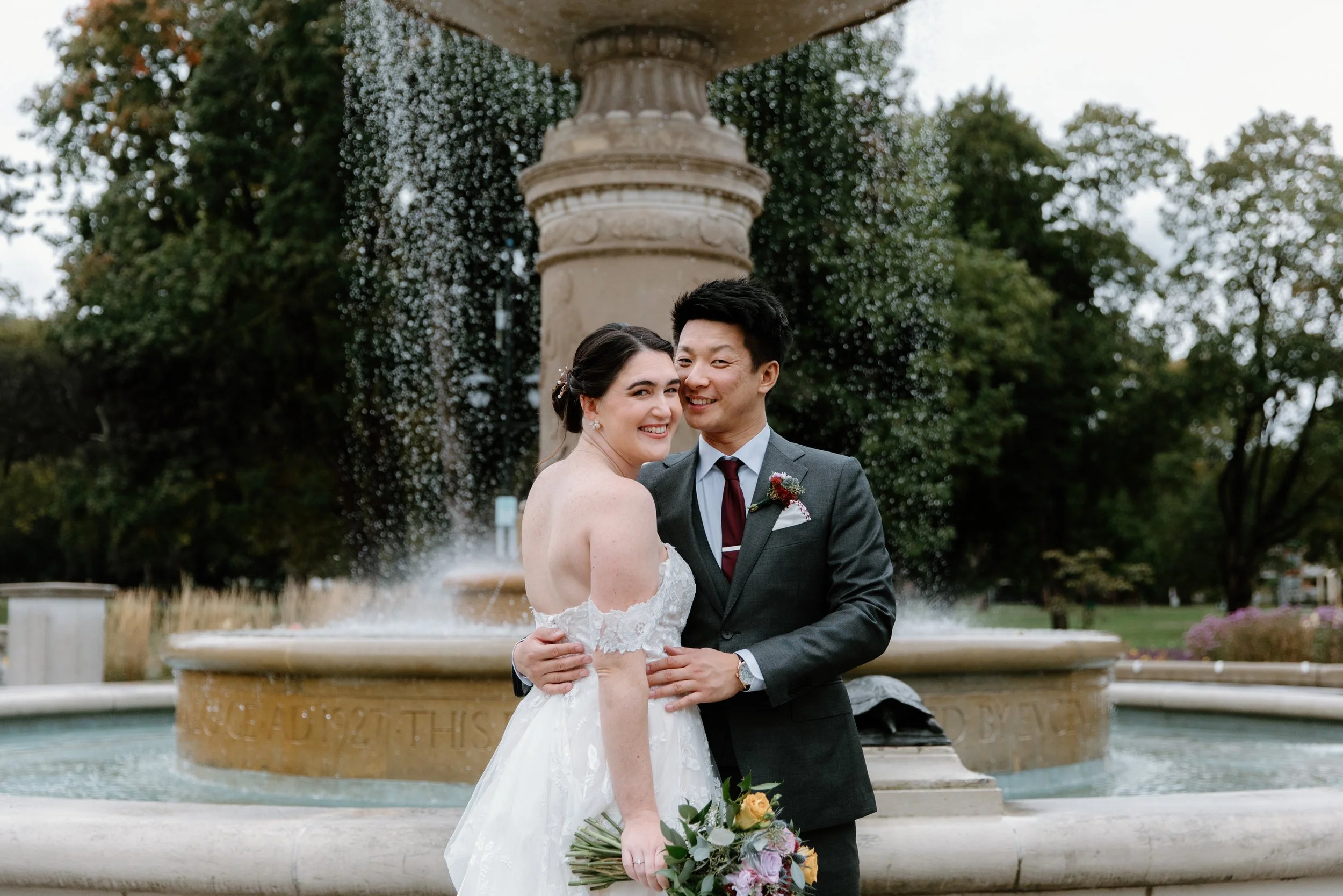 Bride and groom portrait in front of the fountain at Gage Park, Hamilton, Ontario