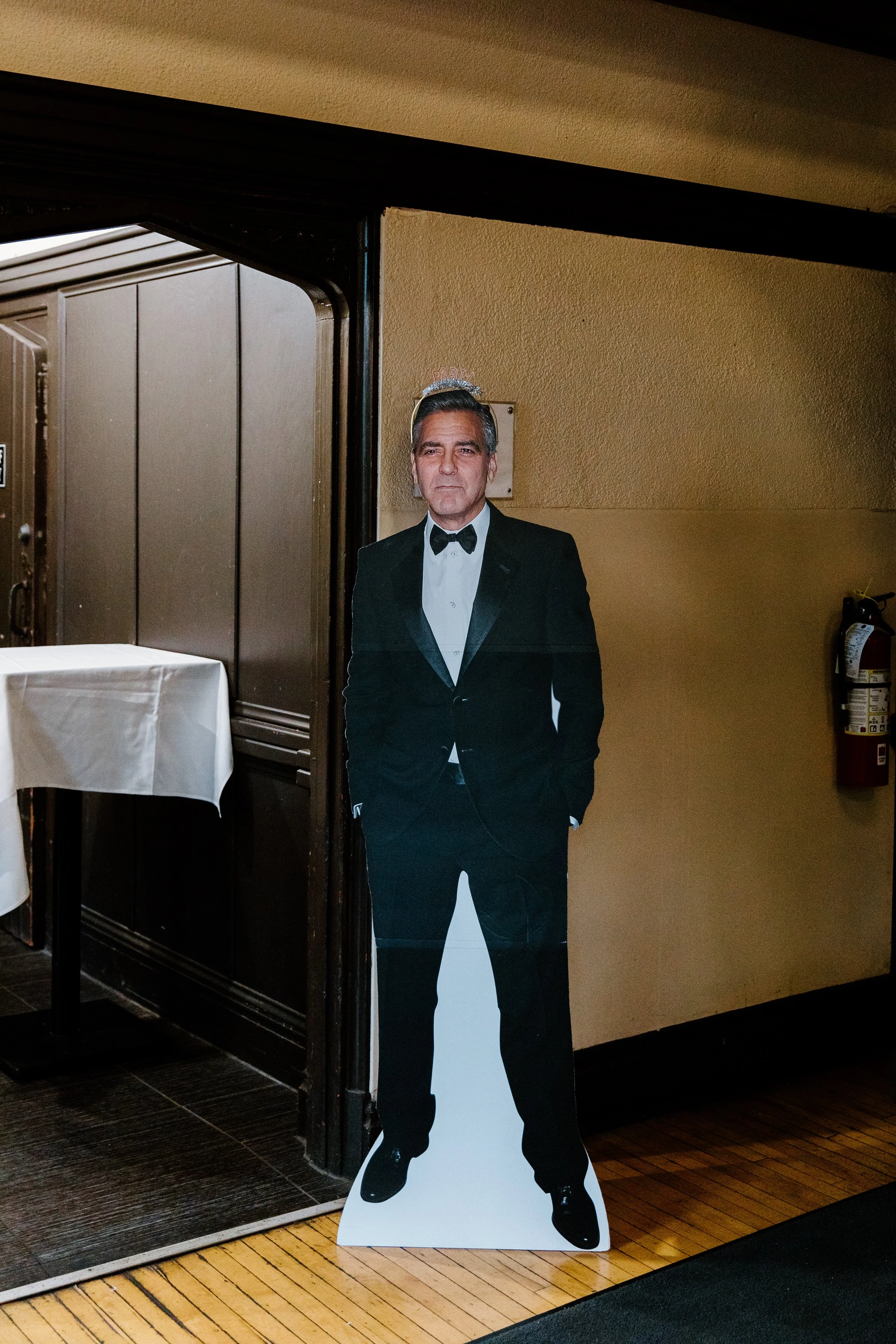 Life-size George Clooney cutout at a unique wedding reception at the Phoenix Crafthouse, McMaster University