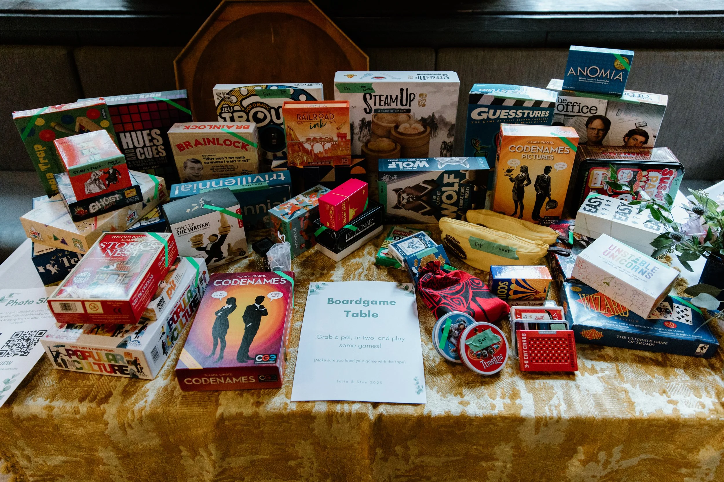 Board games set up as wedding reception entertainment at the Phoenix Crafthouse, McMaster University