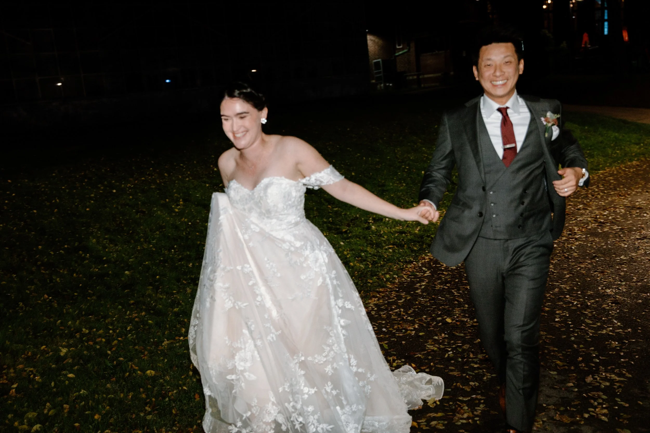 Modern flash photography portrait of bride and groom at their McMaster University wedding reception in Hamilton