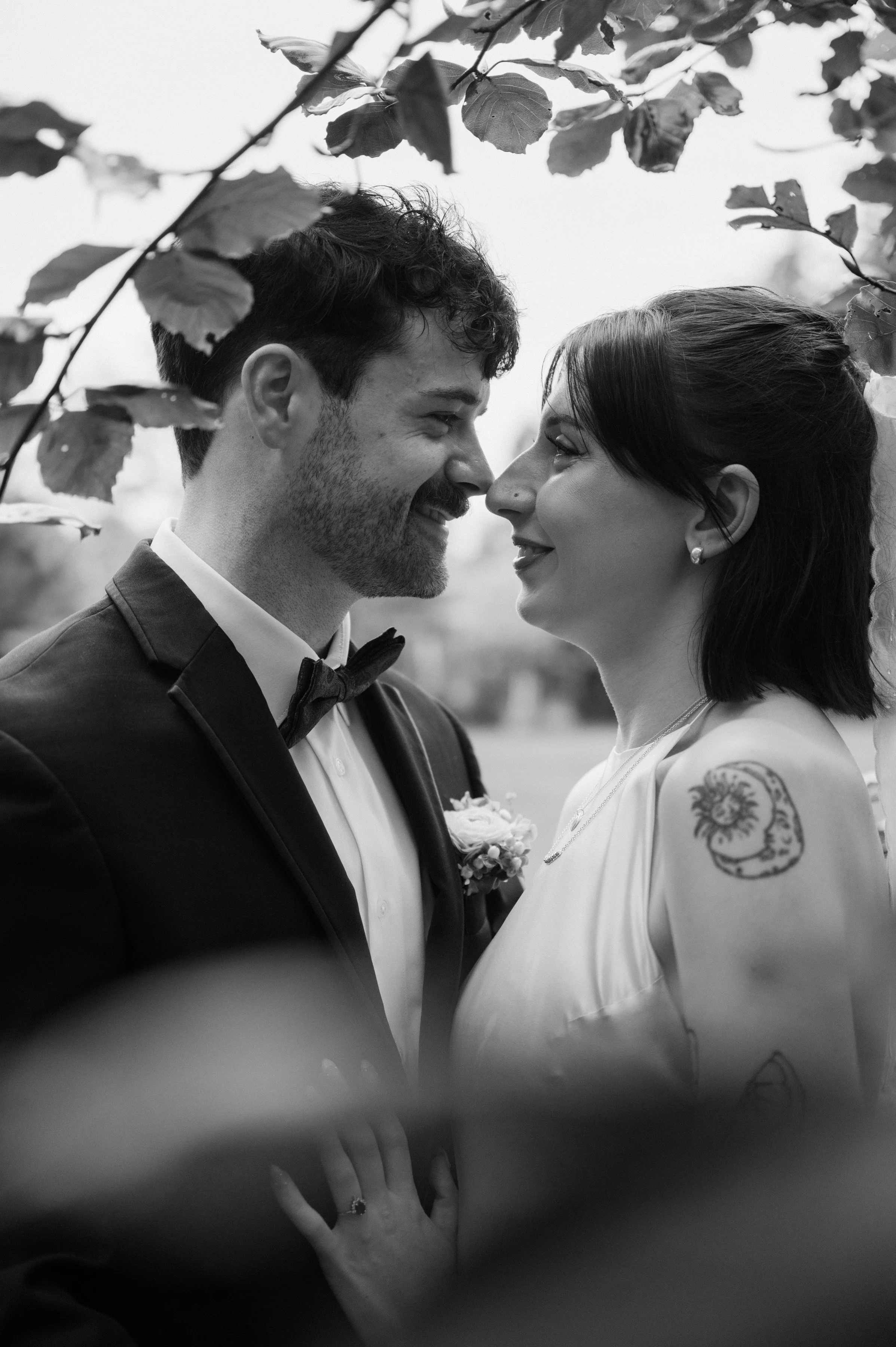 Intimate black and white portrait of a bride and groom at Langdon Hall wedding reception