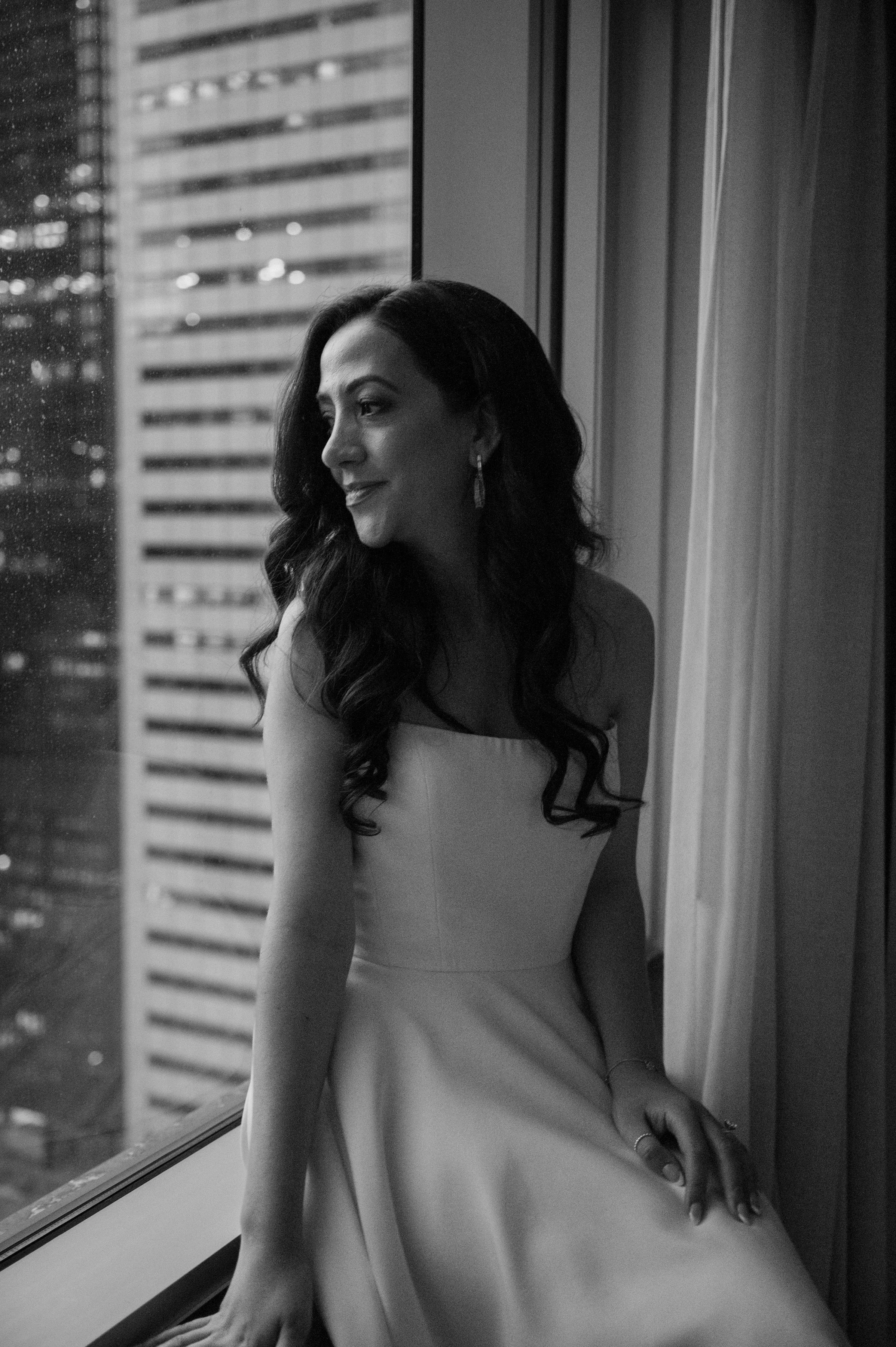 Black and white editorial portrait of a bride during a Toronto winter elopement