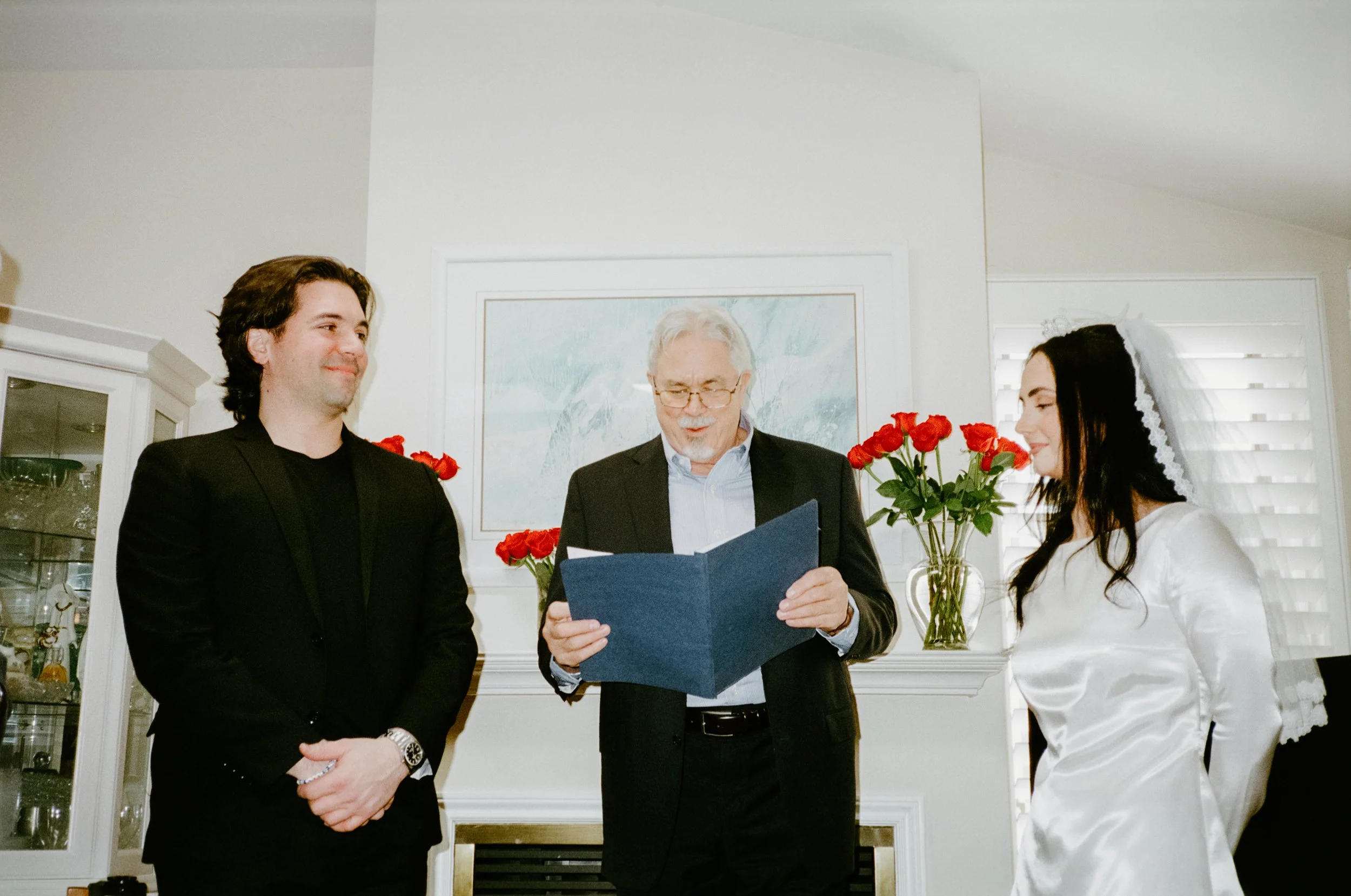 Film portrait of a bride and groom outside together after their intimate at-home civil ceremony in Vancouver
