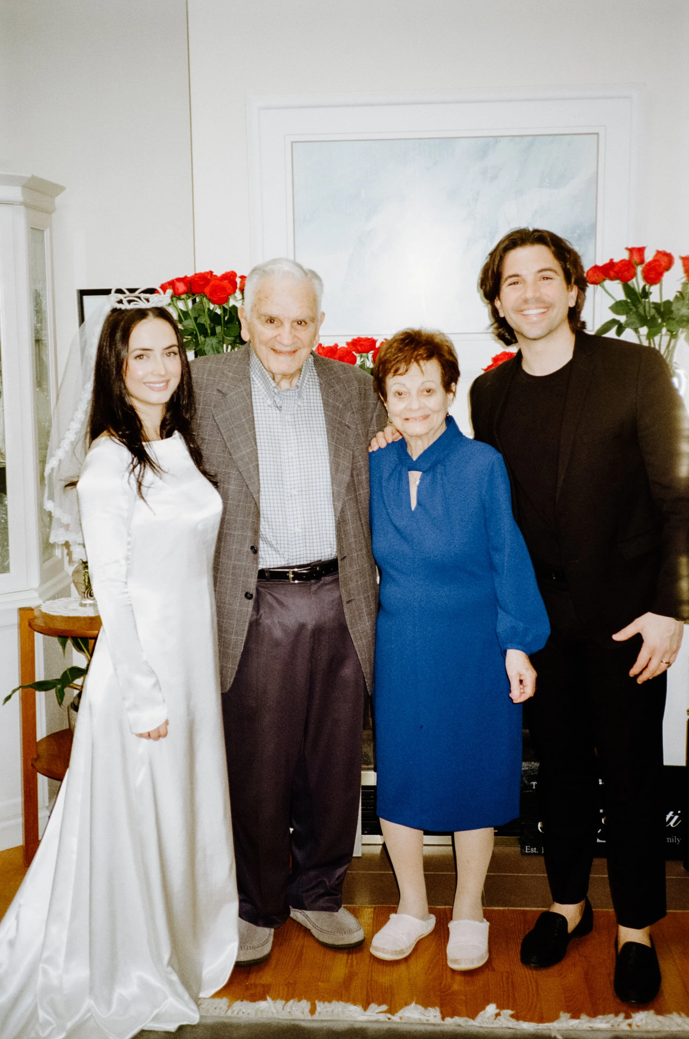 Family formal portrait shot on film with flash photography at an intimate at-home wedding in Toronto