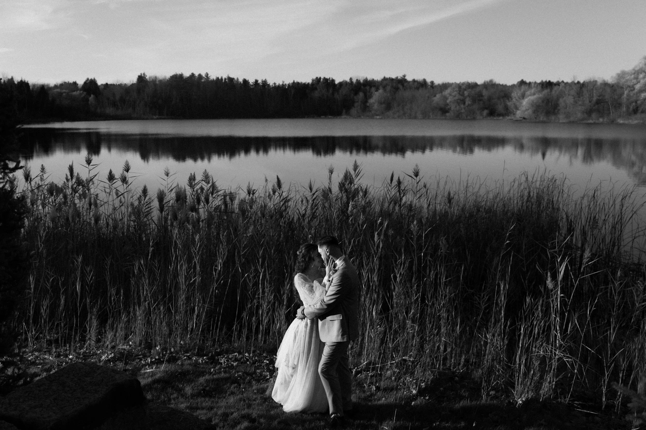 Dramatic editorial black and white portrait of a bride and groom at the Royal Ambassador in Caledon, Ontario