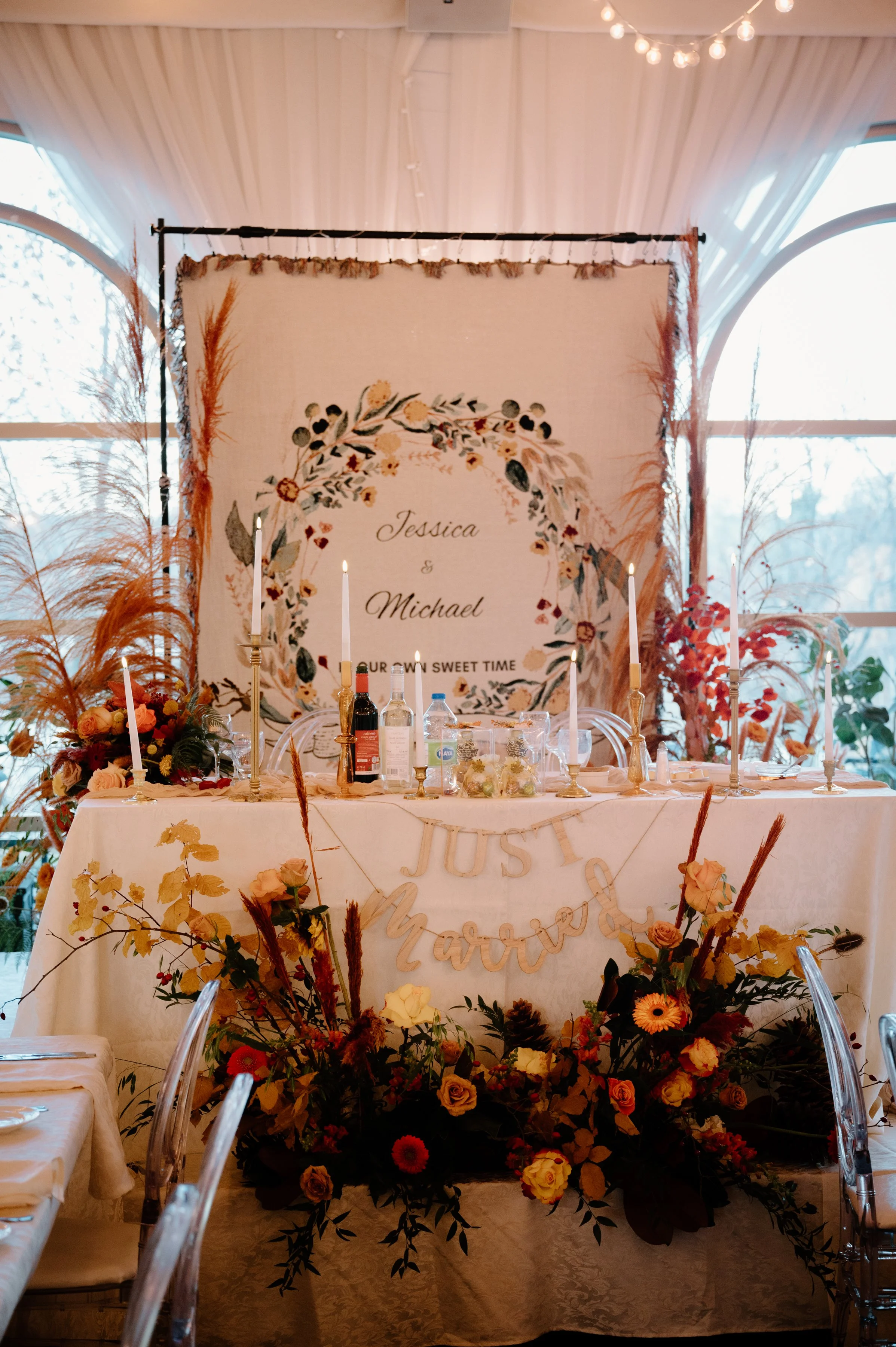 Bride and groom sweetheart table at their wedding reception at the Royal Ambassador in Caledon