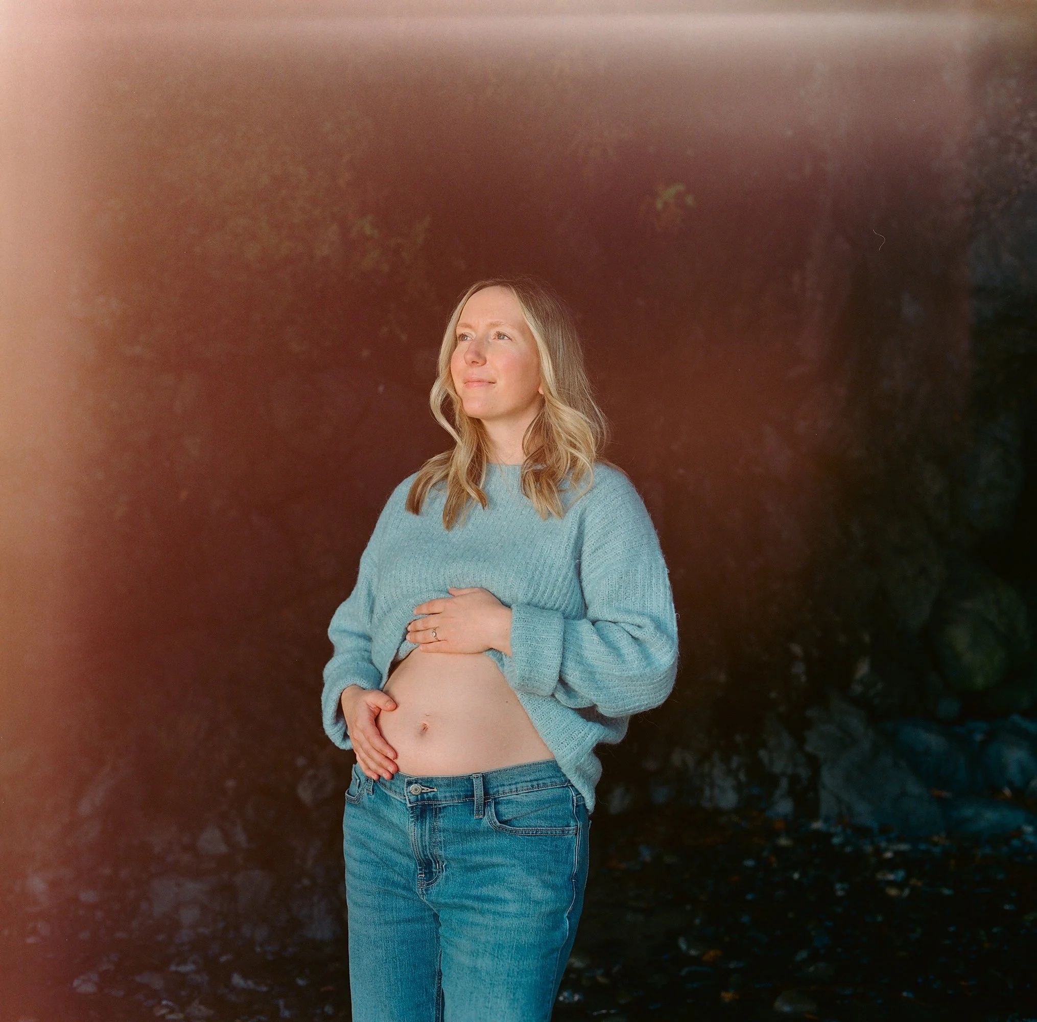 Solo medium format film maternity portrait shot on a Hasselblad 500c on Vancouver Island