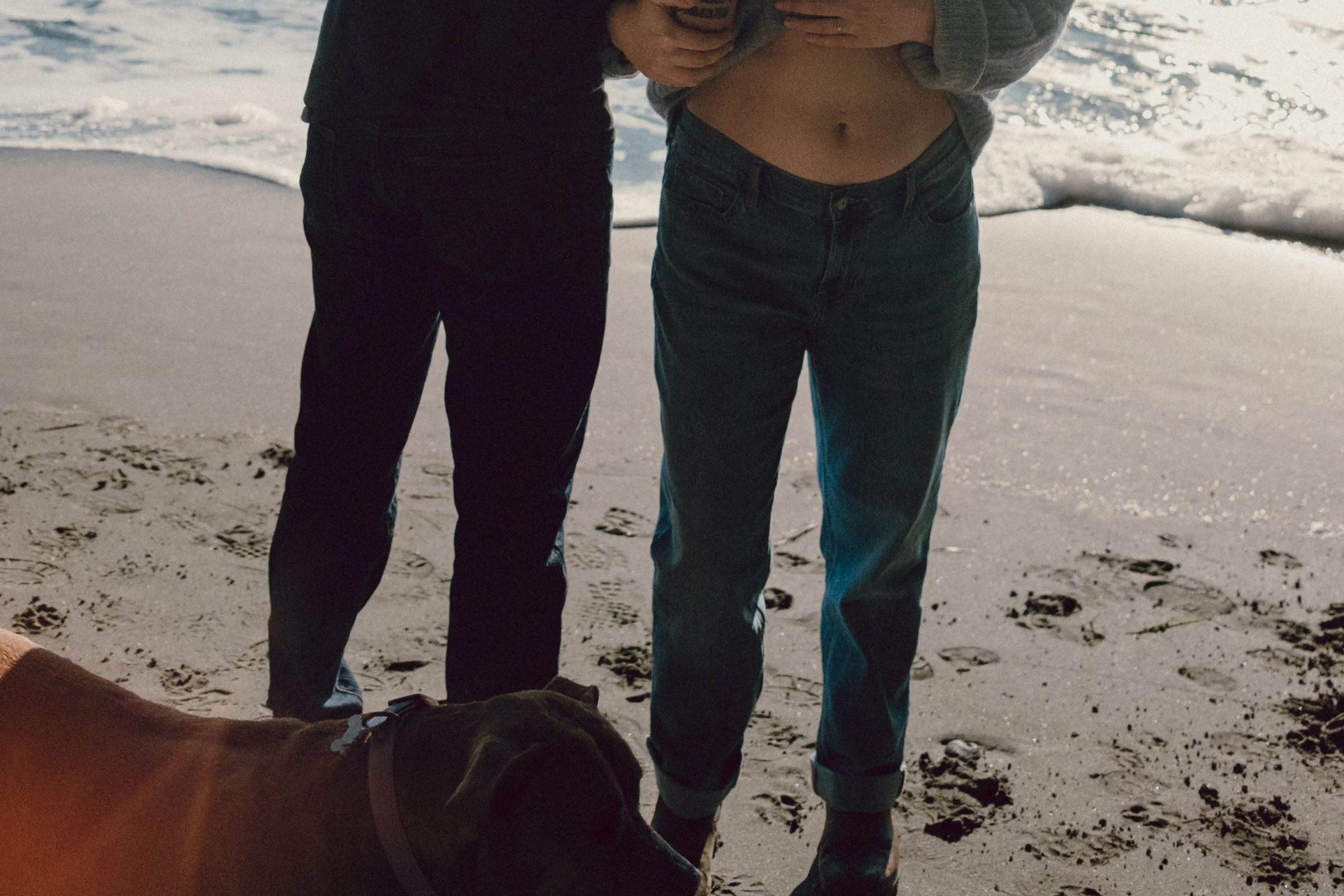Cropped film maternity photo of a couple at the ocean at Mystic Beach, Vancouver Island