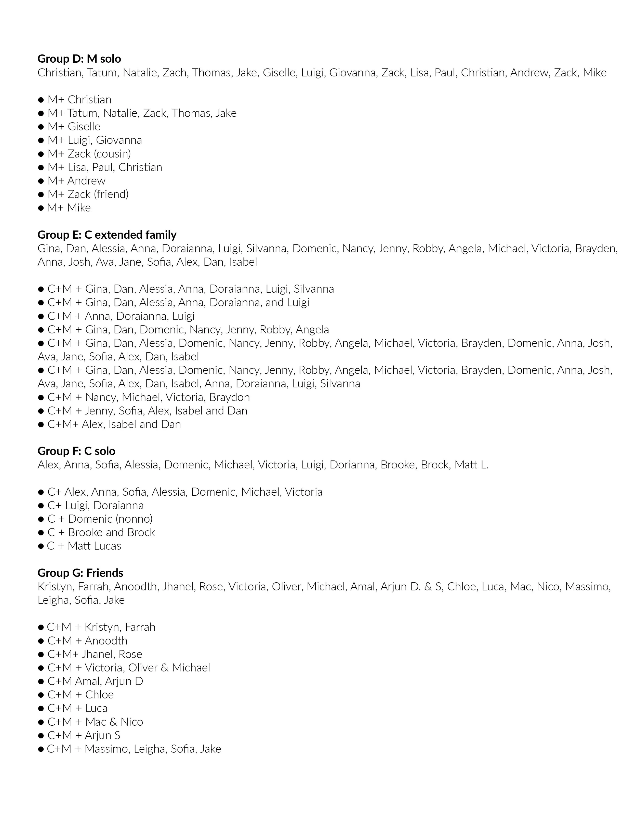 Sample shot list for wedding family photos with typed groupings