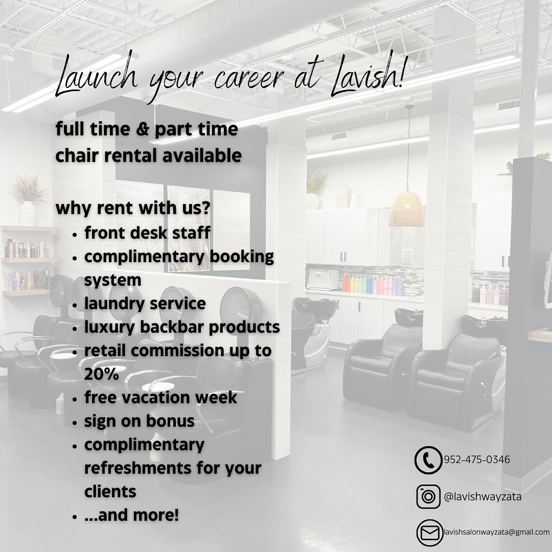 Elevate your career at Lavish Wayzata!! 

We are now looking to add a couple more driven, motivated stylists to join our team✨

Be your own boss, have full control over your schedule all while working in a team environment. 

DM us to ask about our s