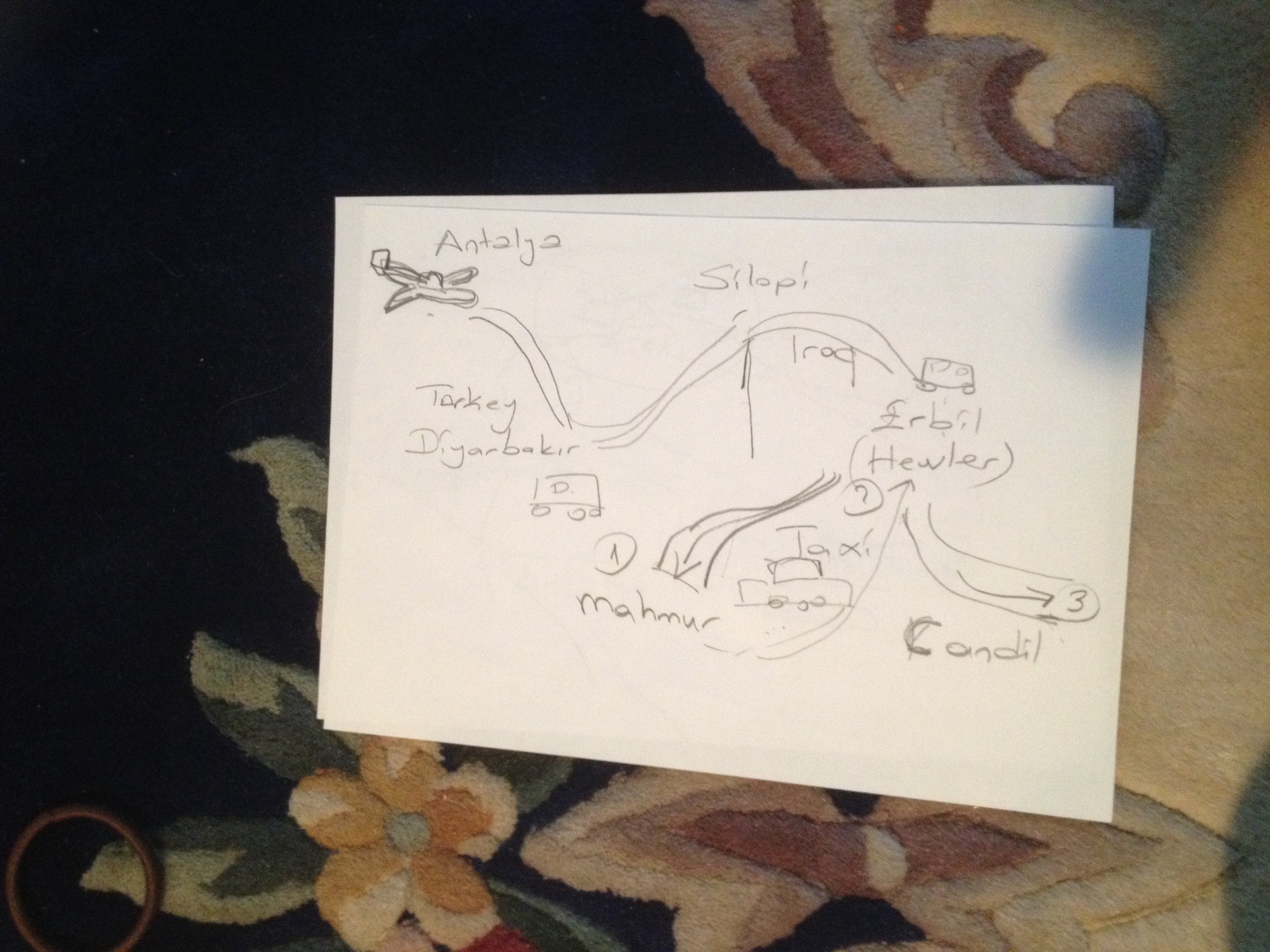  Hand drawn map of route from Turkey to PKK women's base in Qandil, Iraq. (2016) 