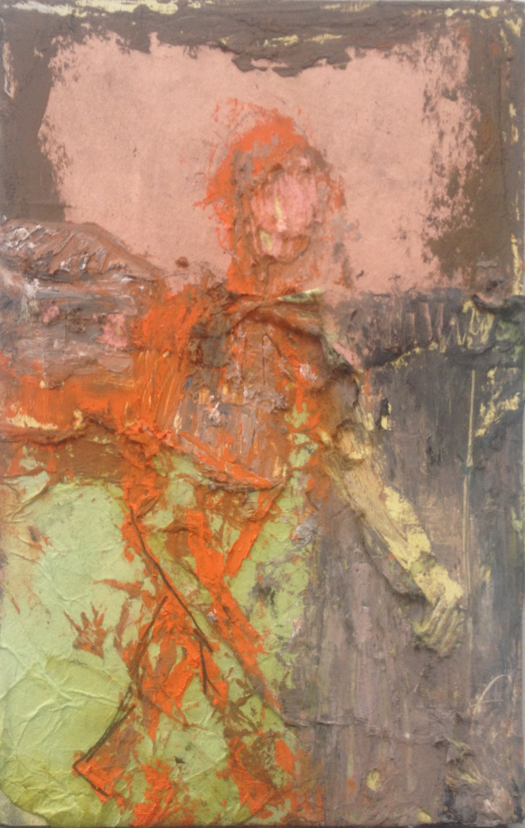 Orange Walker, collage and oil on panel, 