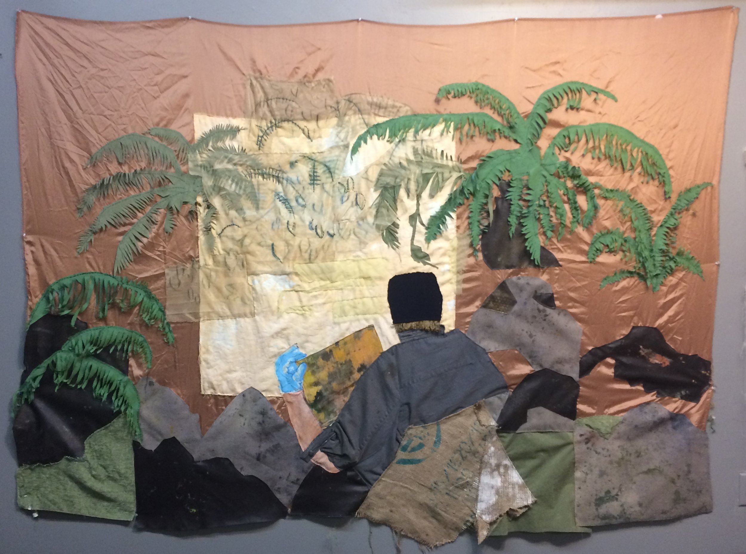Painter in the ferns, fabric with embroidery and paint, 2017
