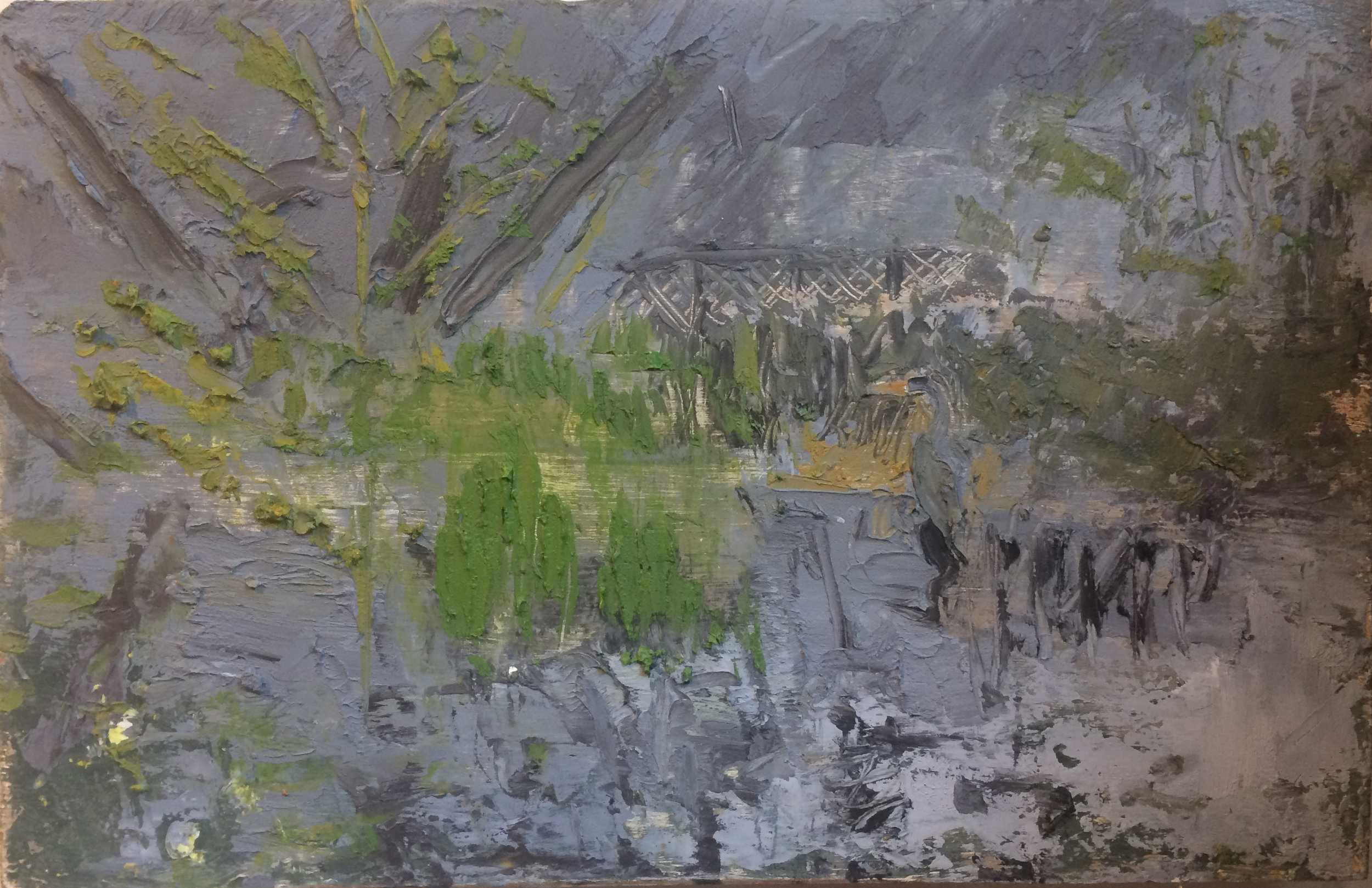 Heron in the marsh (mirror), oil on panel, 2017