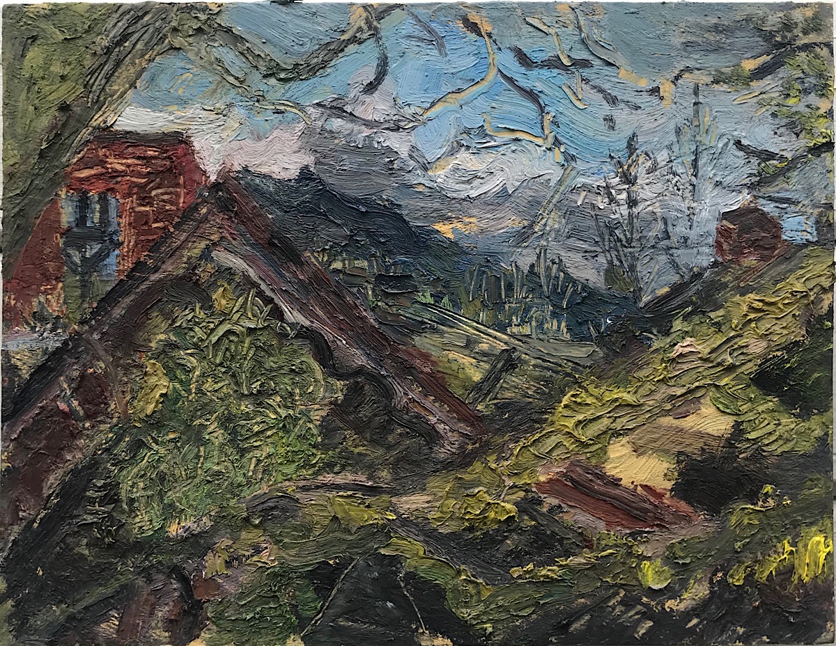 Rooftops, Northern State Hospital, oil on panel, 11.375 x 14.75 in., 2019