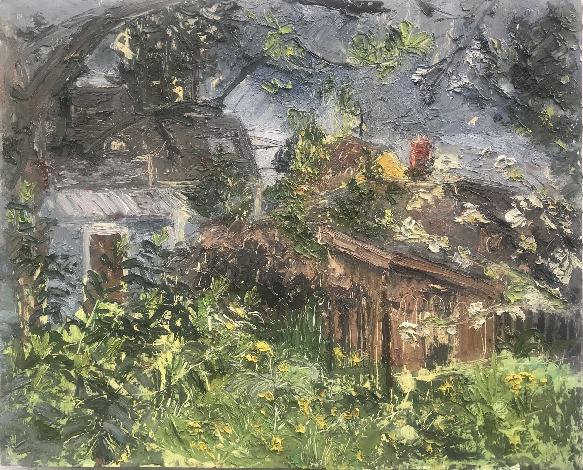 Backyard Before the Rain, oil on panel, 19.375 x 23.75 in.