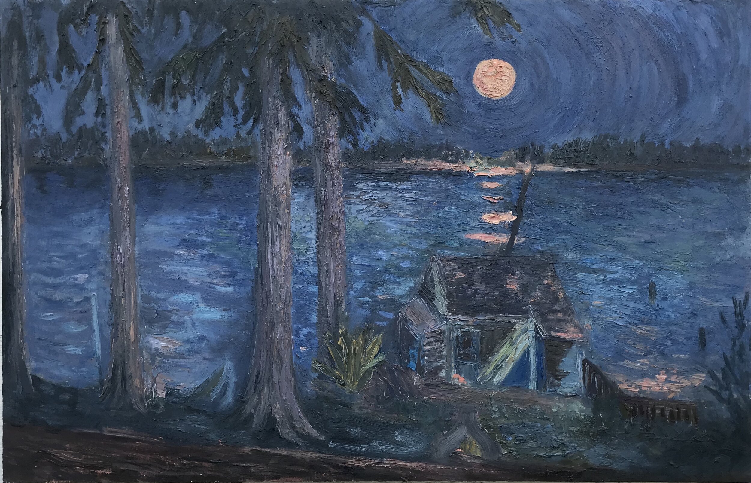 Rose Moon over the Passage, oil on panel, 31 x 48 in.