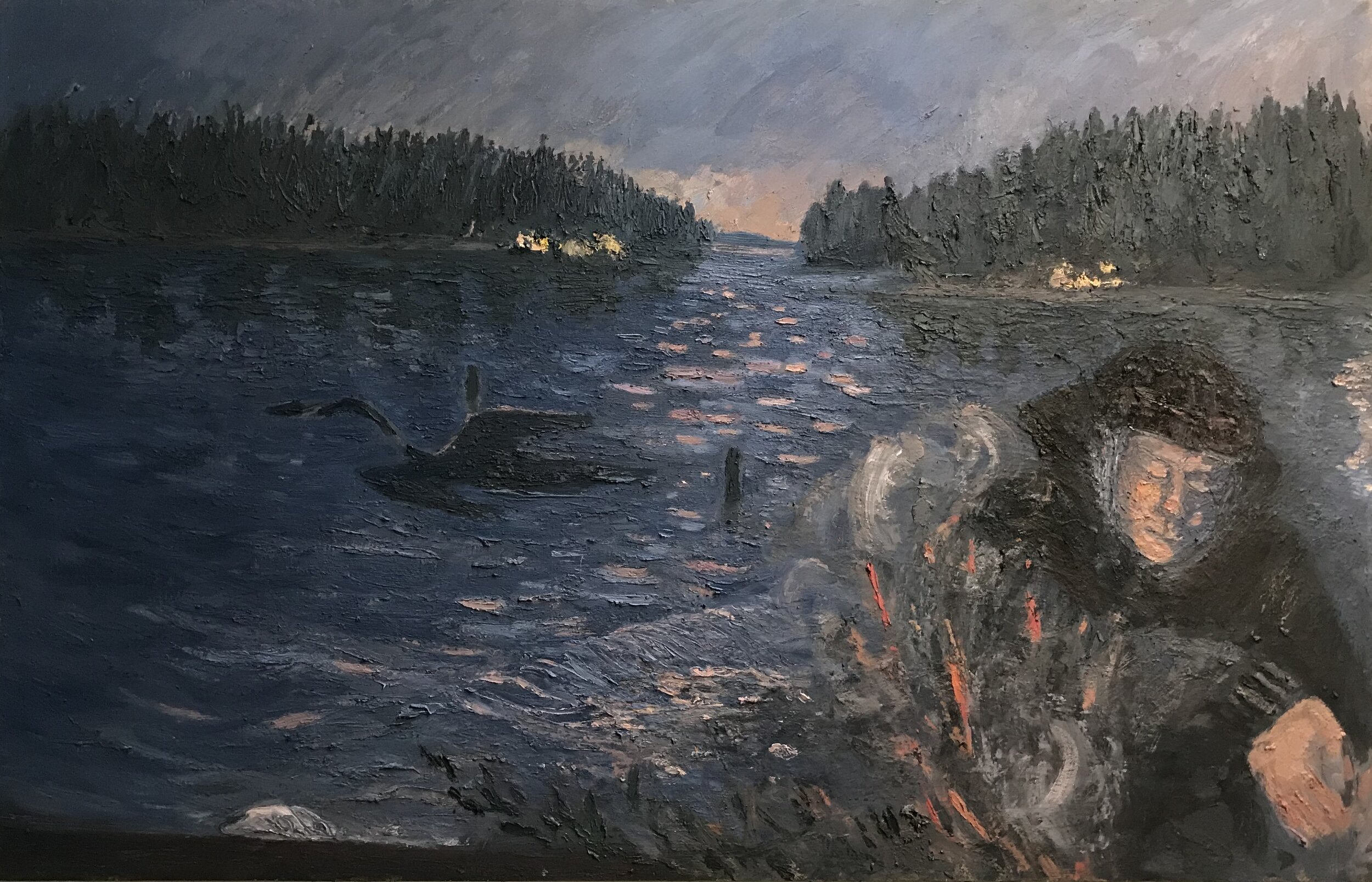 Campfire by the Sound, oil on panel, 31 x 48 in.