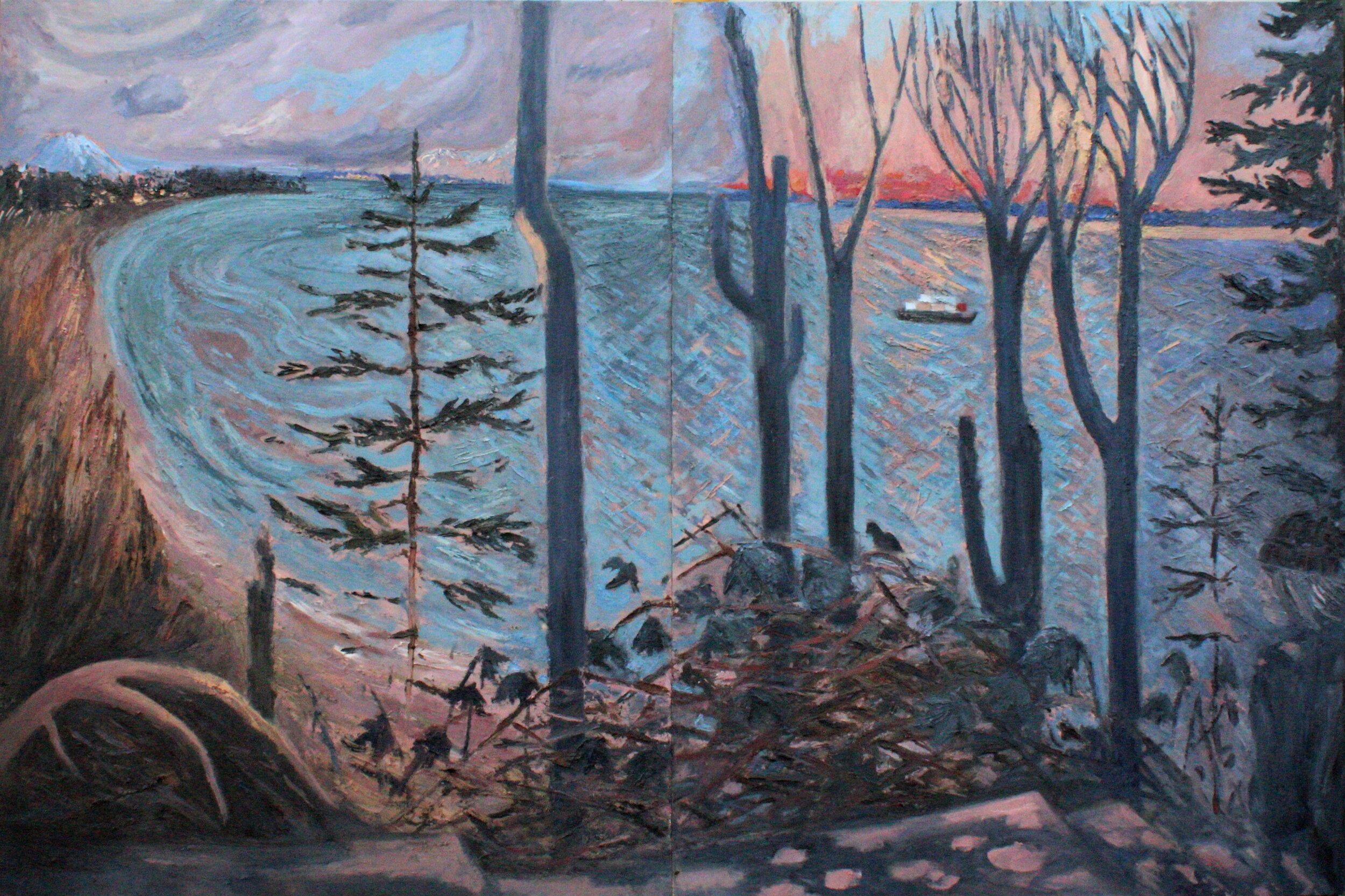 Discovery Lookout, oil on two panels, 65 x 96 in.