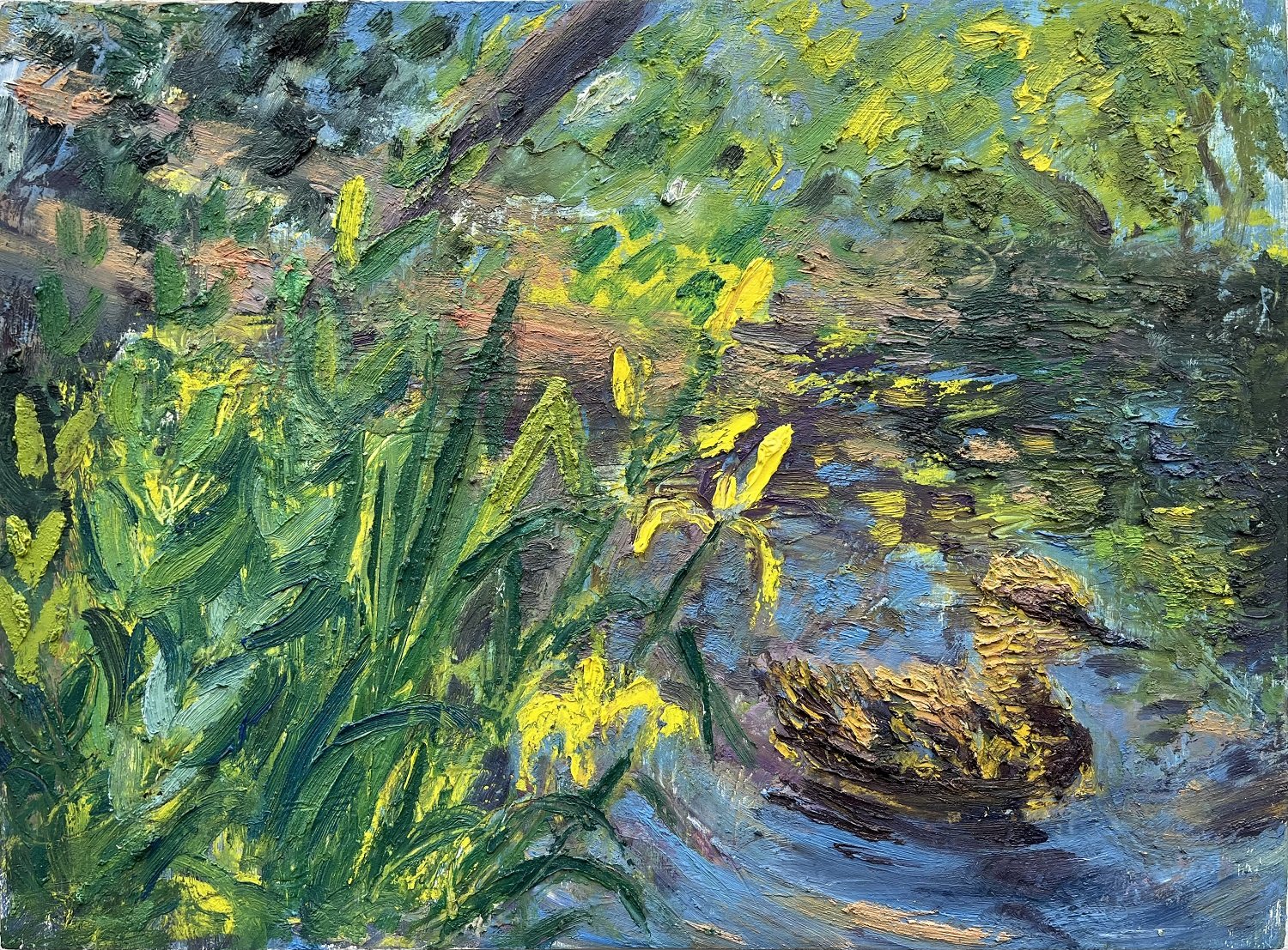 Duckling and Wild Irises, oil on panel, 12 x 16 in., 2023