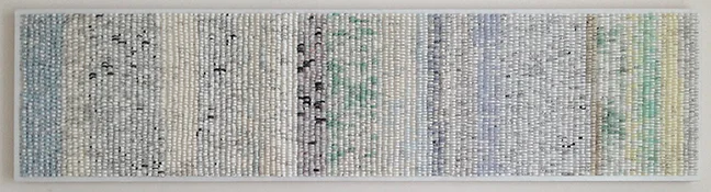 Shredded: Timeline 1, 2014. Paper collage on wood panel, W48" x H12" x 1.5".