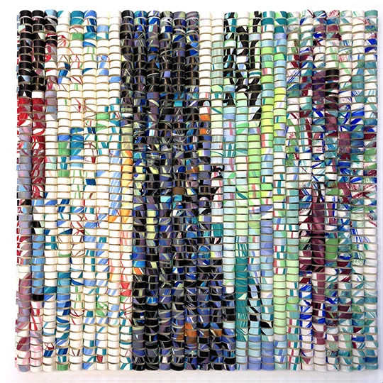 Shredded: Timeline 4, 2016. H12" x W12 x D1.5"". Paper collage on wood panel.