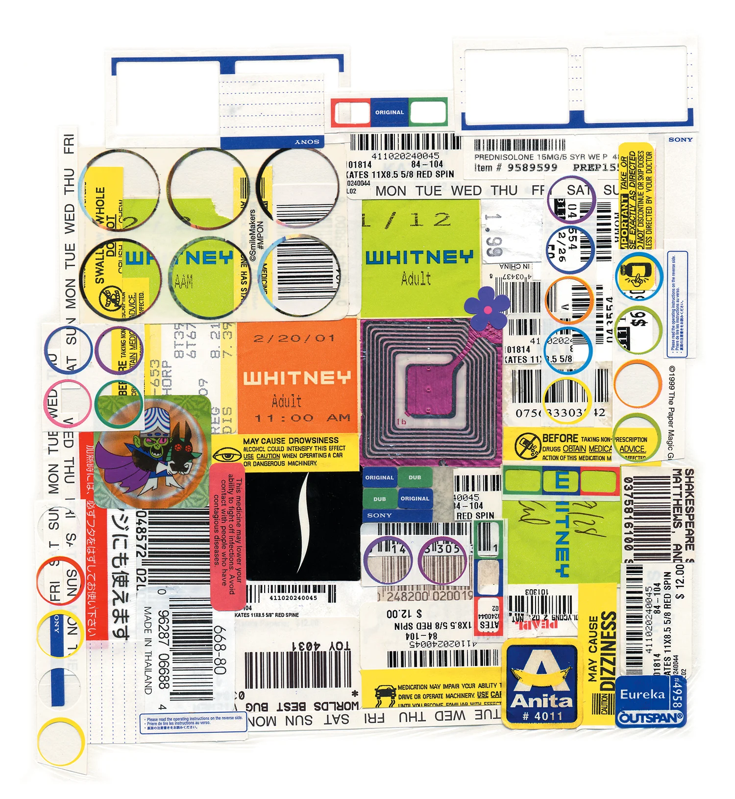 Kitchen Art 37, "May Cause Dizziness", 2003, stickers and price tags on Polythene, W11" x H14".