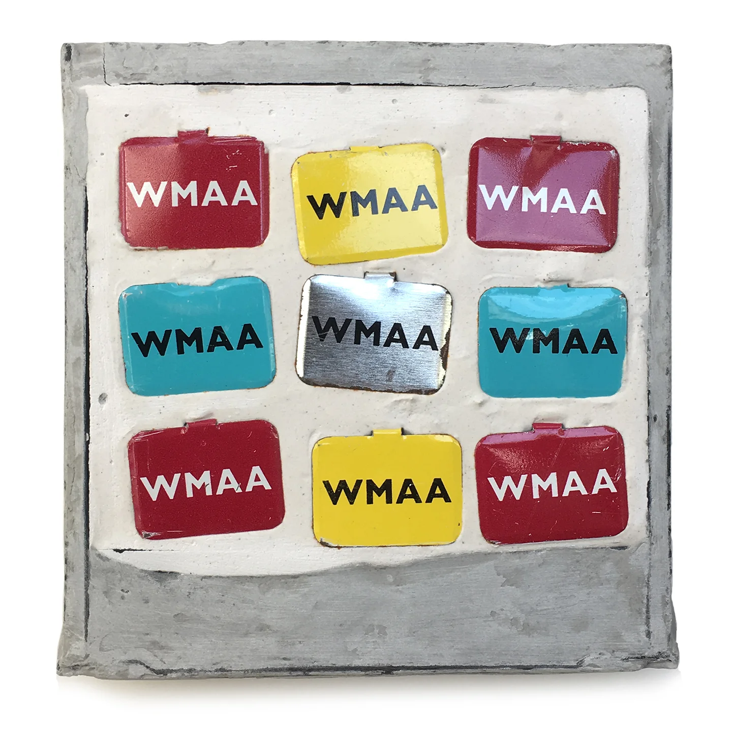 Box 8, Museum, 1998, Polaroid box, Sculptmetal, Paris plaster, metallic tags. W4.25” x H4.25” D1/2”