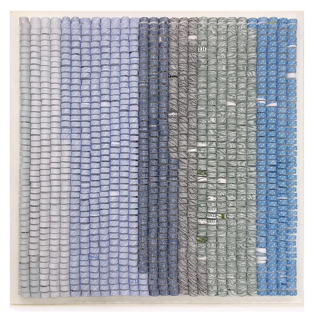 Shredded: Timeline 7, 2016. W12" x H12" x D1.5". Paper collage on wood panel.